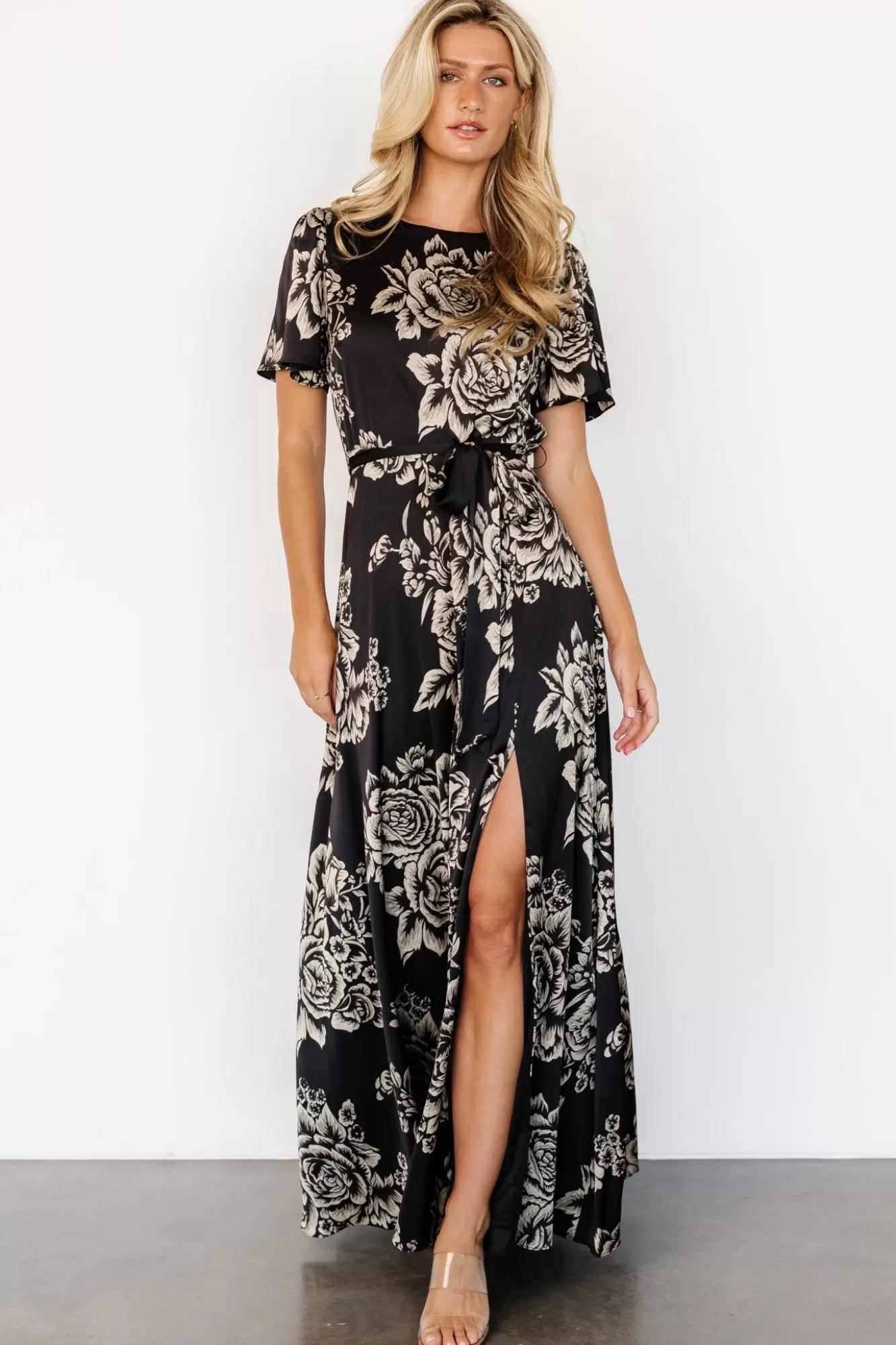 Baltic Born Maxi Dresses | Maxi Dresses | Agnes Satin Maxi Dress | Black + Cream Floral