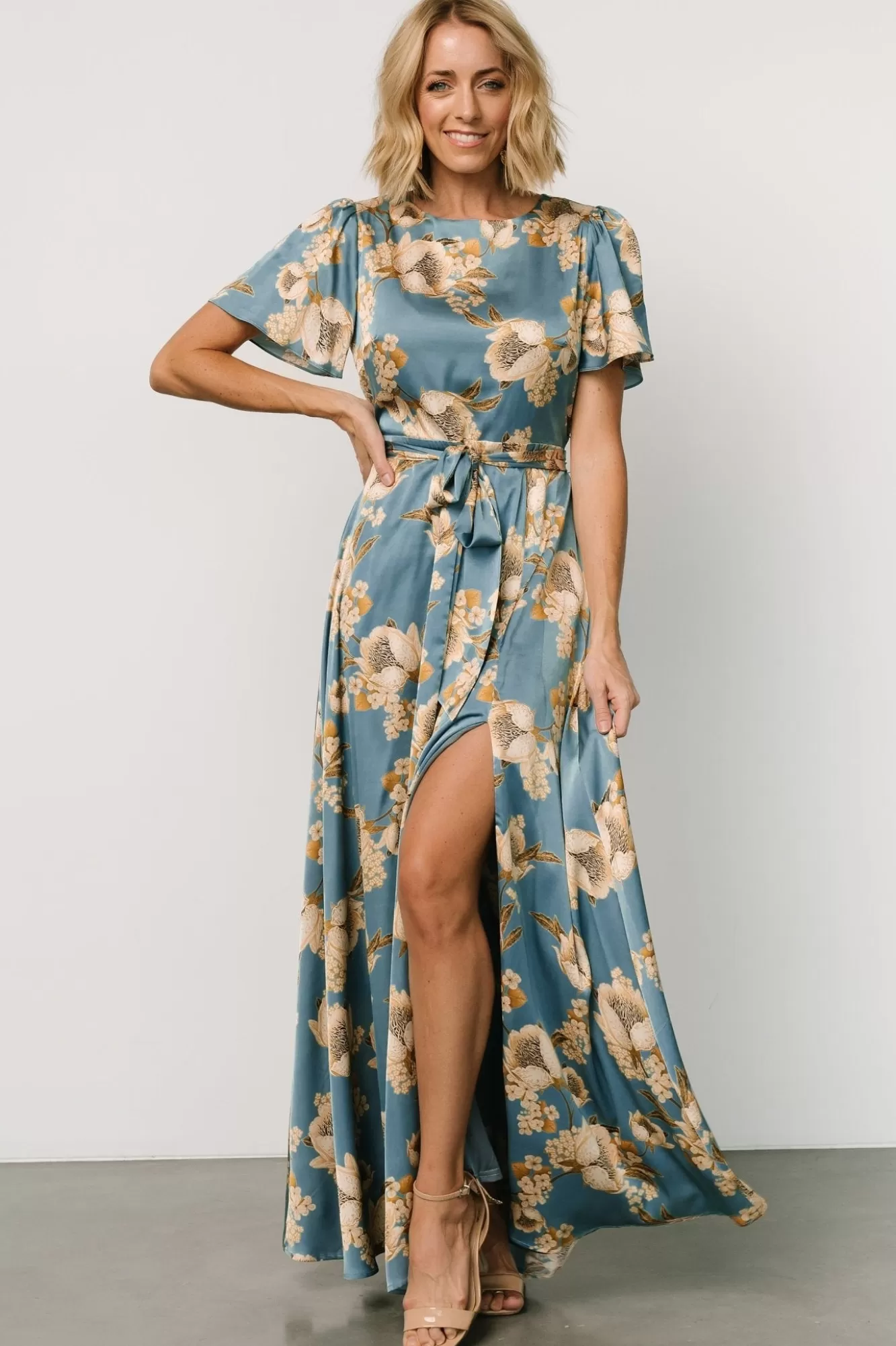 Baltic Born Maxi Dresses | Maxi Dresses | Agnes Satin Maxi Dress | Blue + Gold