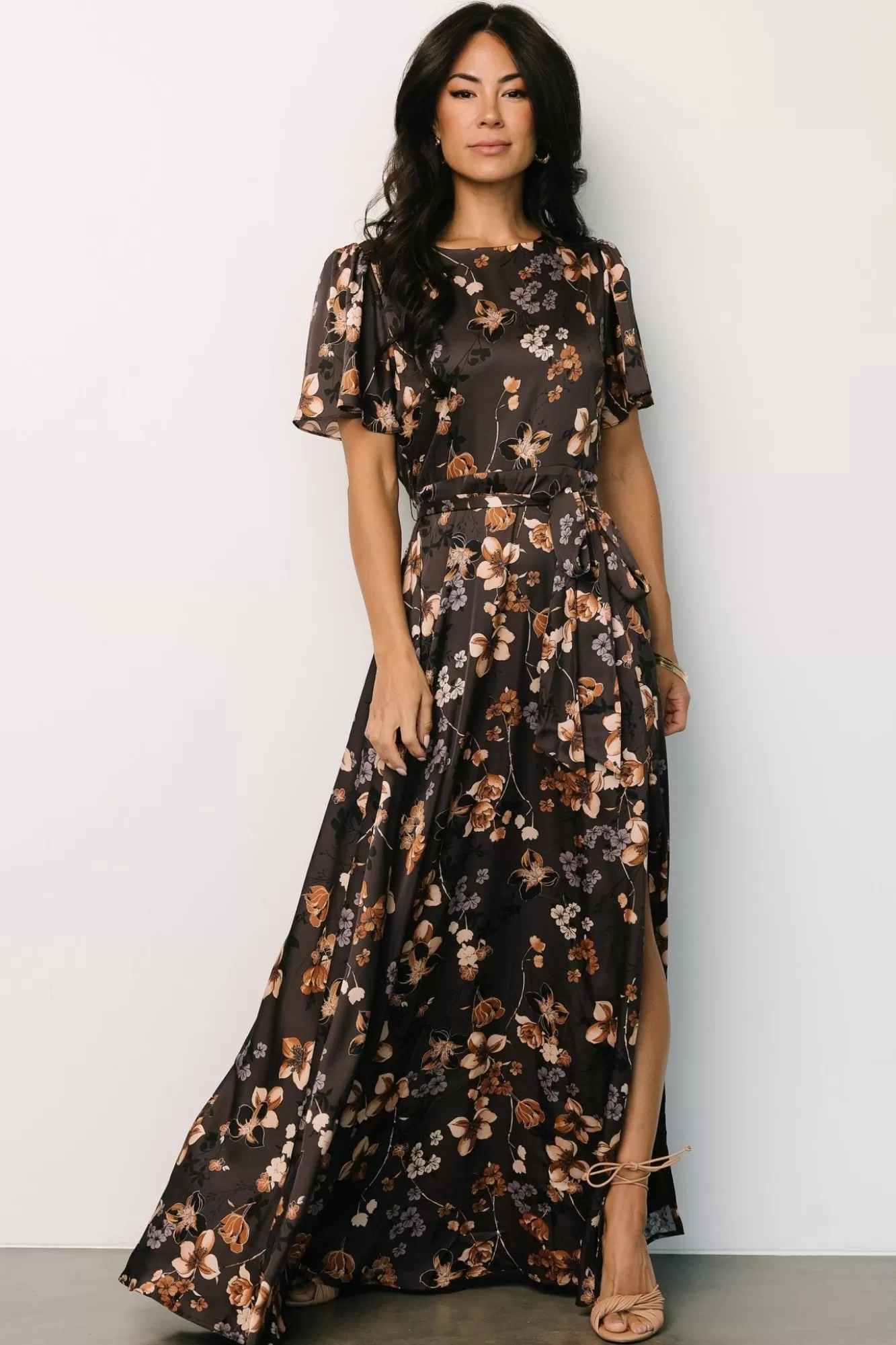 Baltic Born Maxi Dresses | Maxi Dresses | Agnes Satin Maxi Dress | Brown Floral