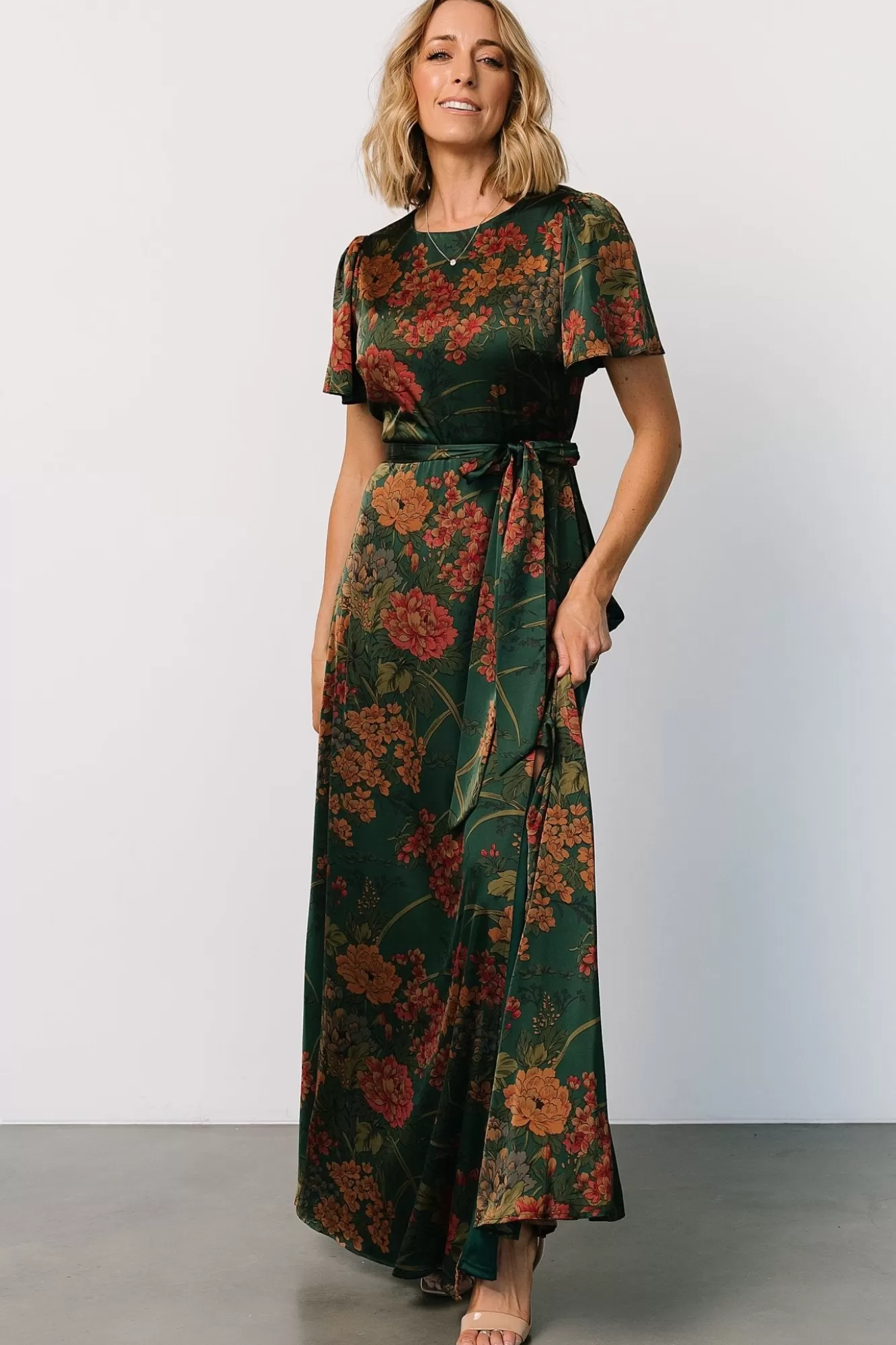 Baltic Born Maxi Dresses | Maxi Dresses | Agnes Satin Maxi Dress | Dark Green Floral