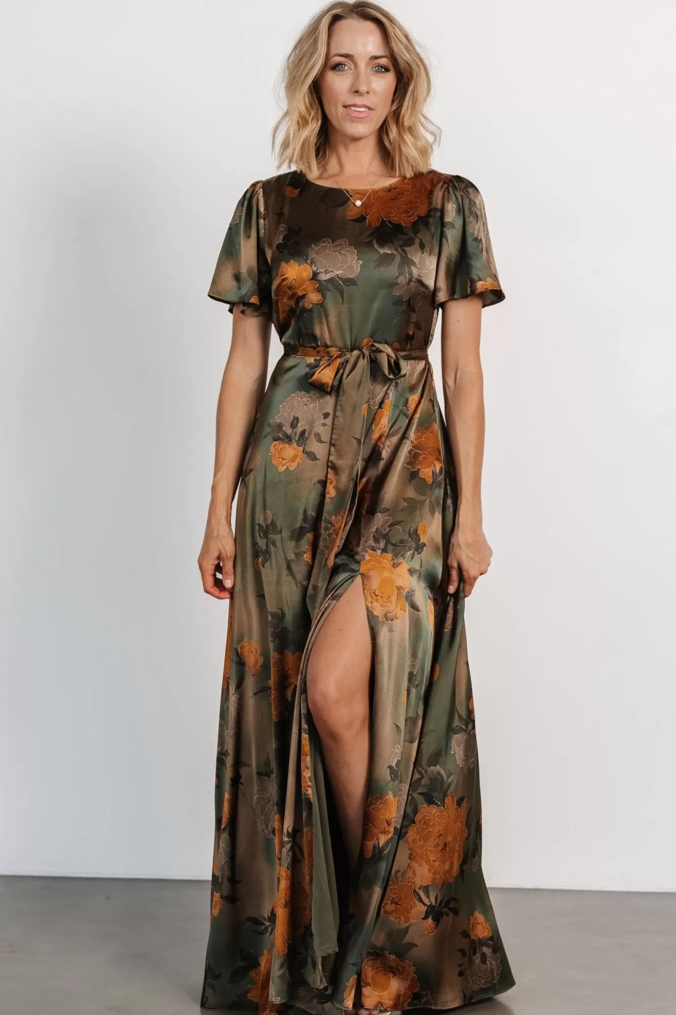 Baltic Born Maxi Dresses | Maxi Dresses | Agnes Satin Maxi Dress | Olive Floral