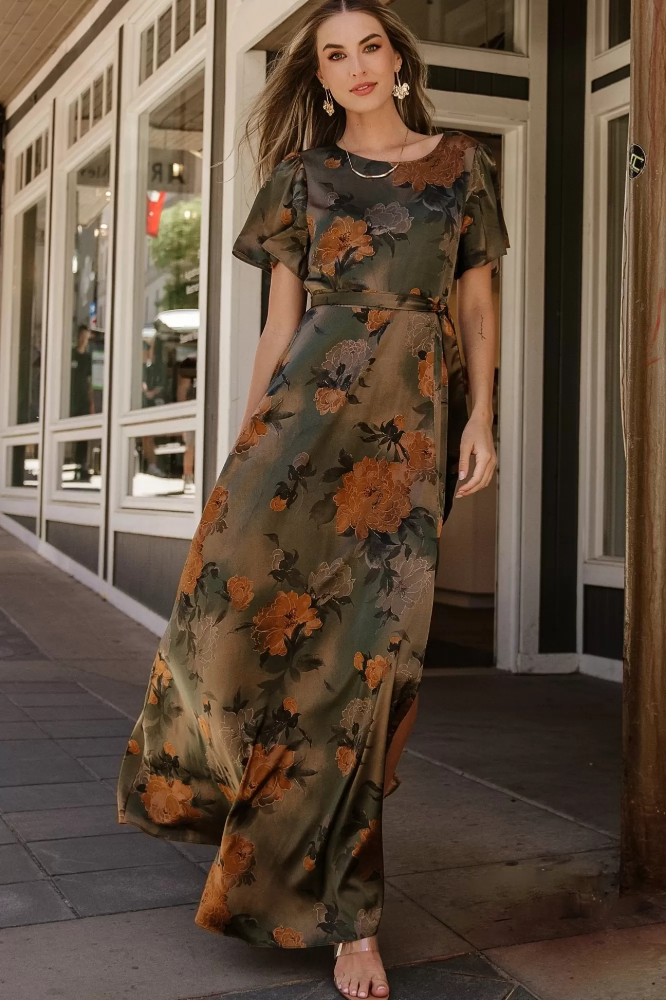 Baltic Born Maxi Dresses | Maxi Dresses | Agnes Satin Maxi Dress | Olive Floral