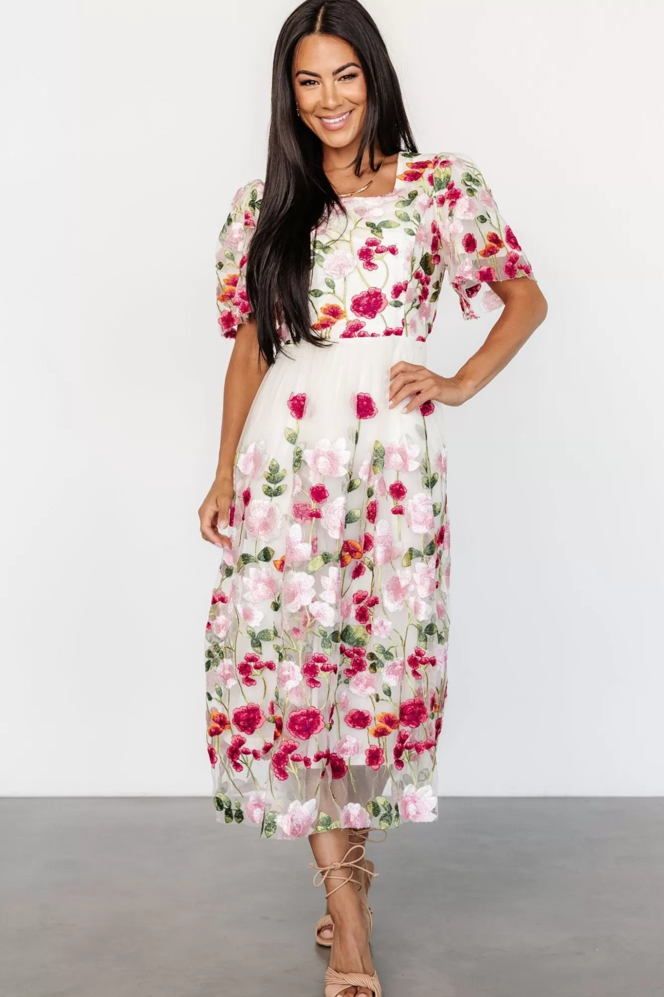 Baltic Born Midi Dresses | Midi Dresses | Anastasie Floral Embroidered Dress | Pink Multi