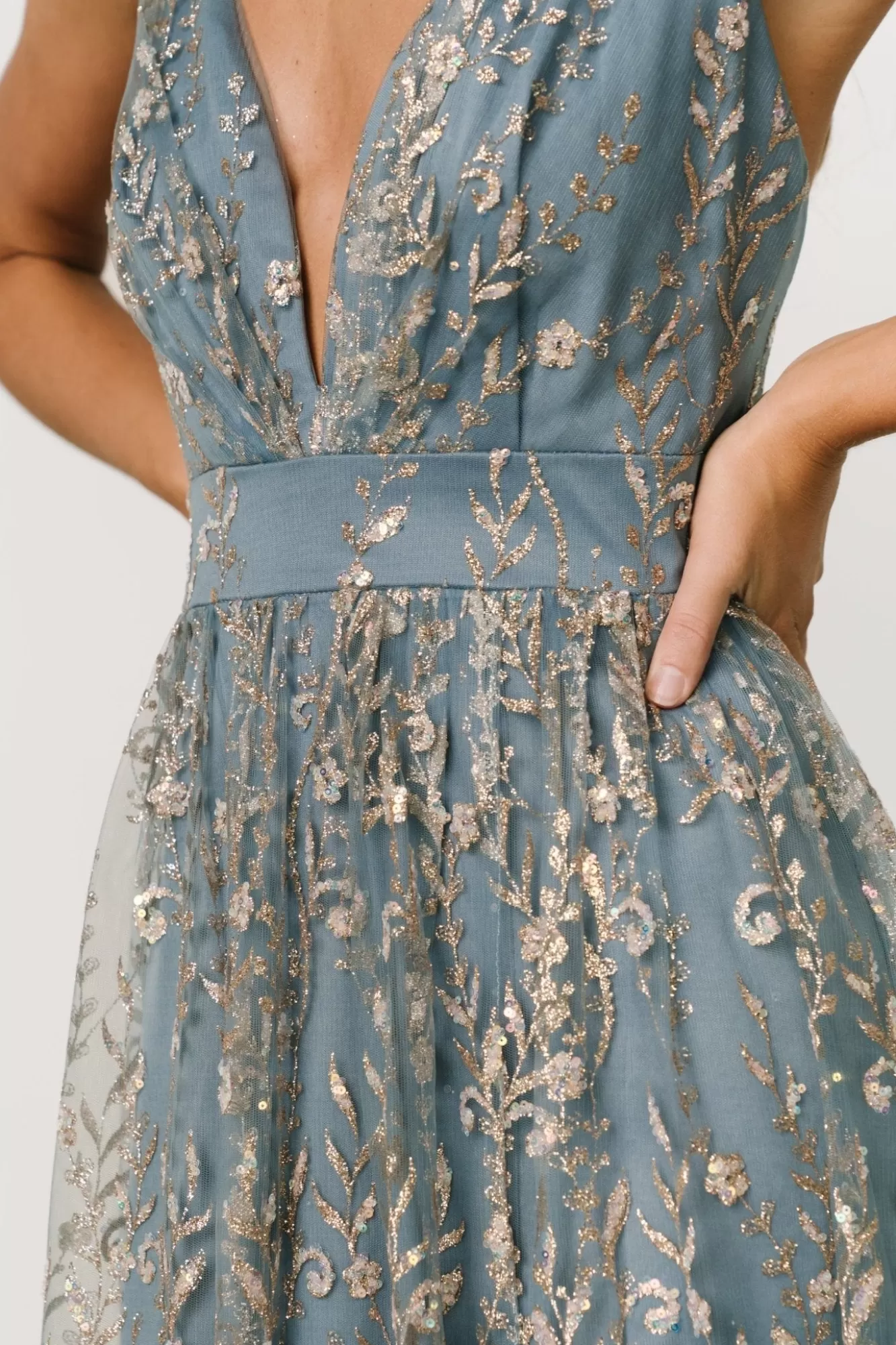 Baltic Born Maxi Dresses | Maxi Dresses | Anisa Shimmer Gown | Slate Blue + Rose Gold