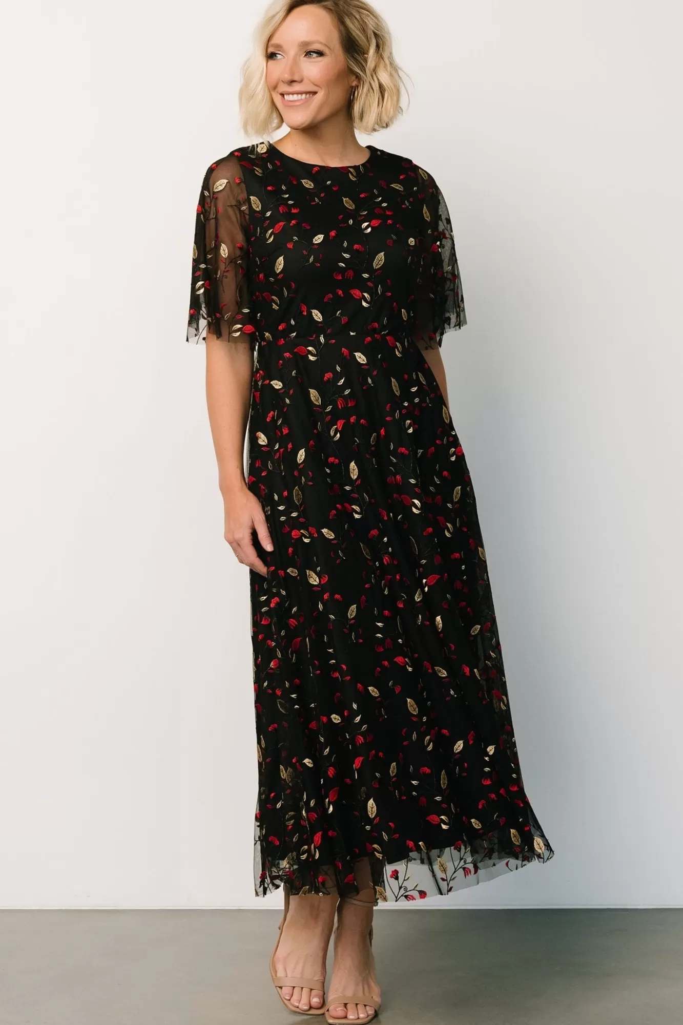 Baltic Born Maxi Dresses | Maxi Dresses | Arabella Embroidered Tulle Maxi Dress | Black + Red