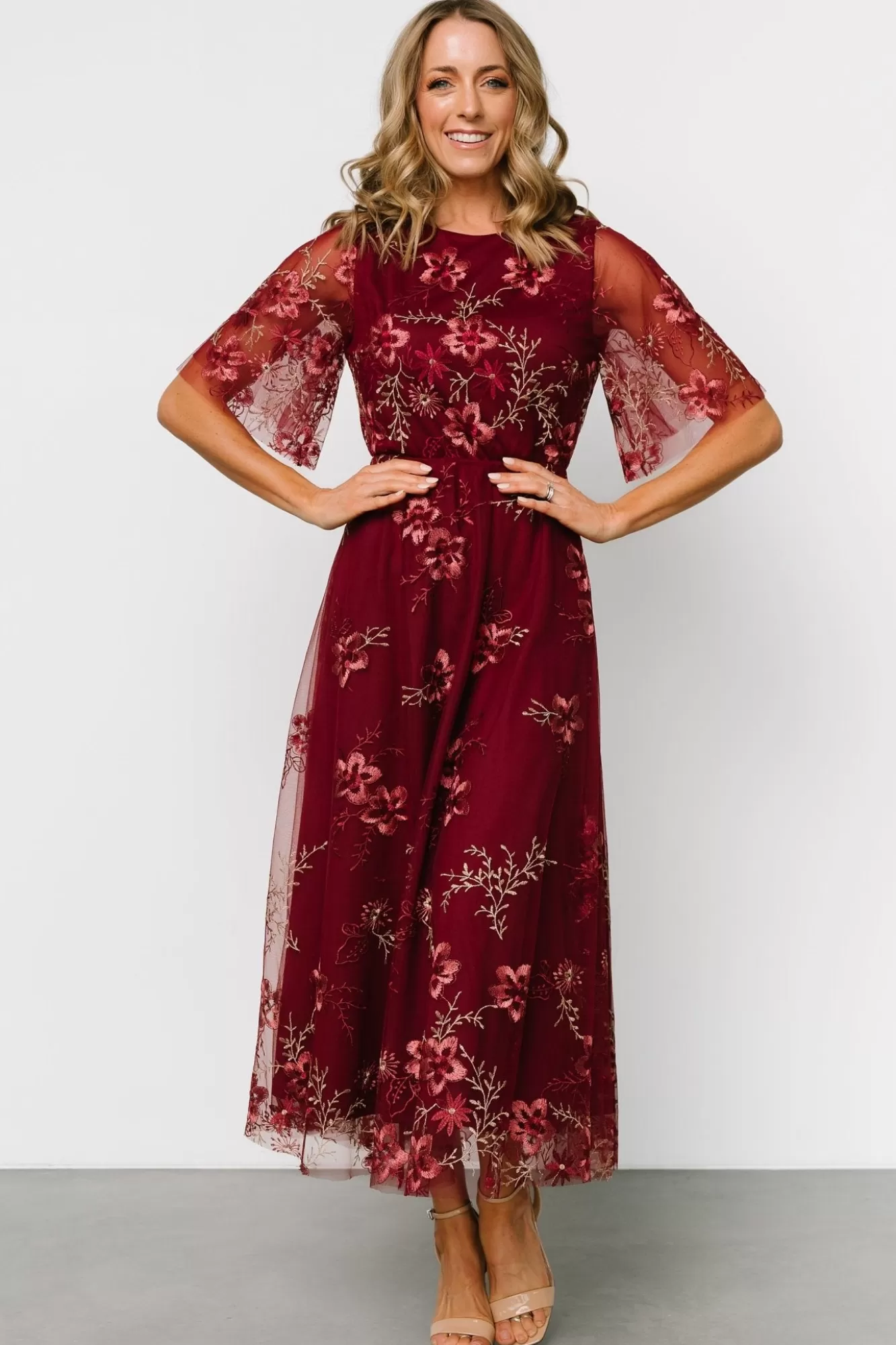 Baltic Born Maxi Dresses | Maxi Dresses | Arabella Embroidered Tulle Maxi Dress | Burgundy Floral