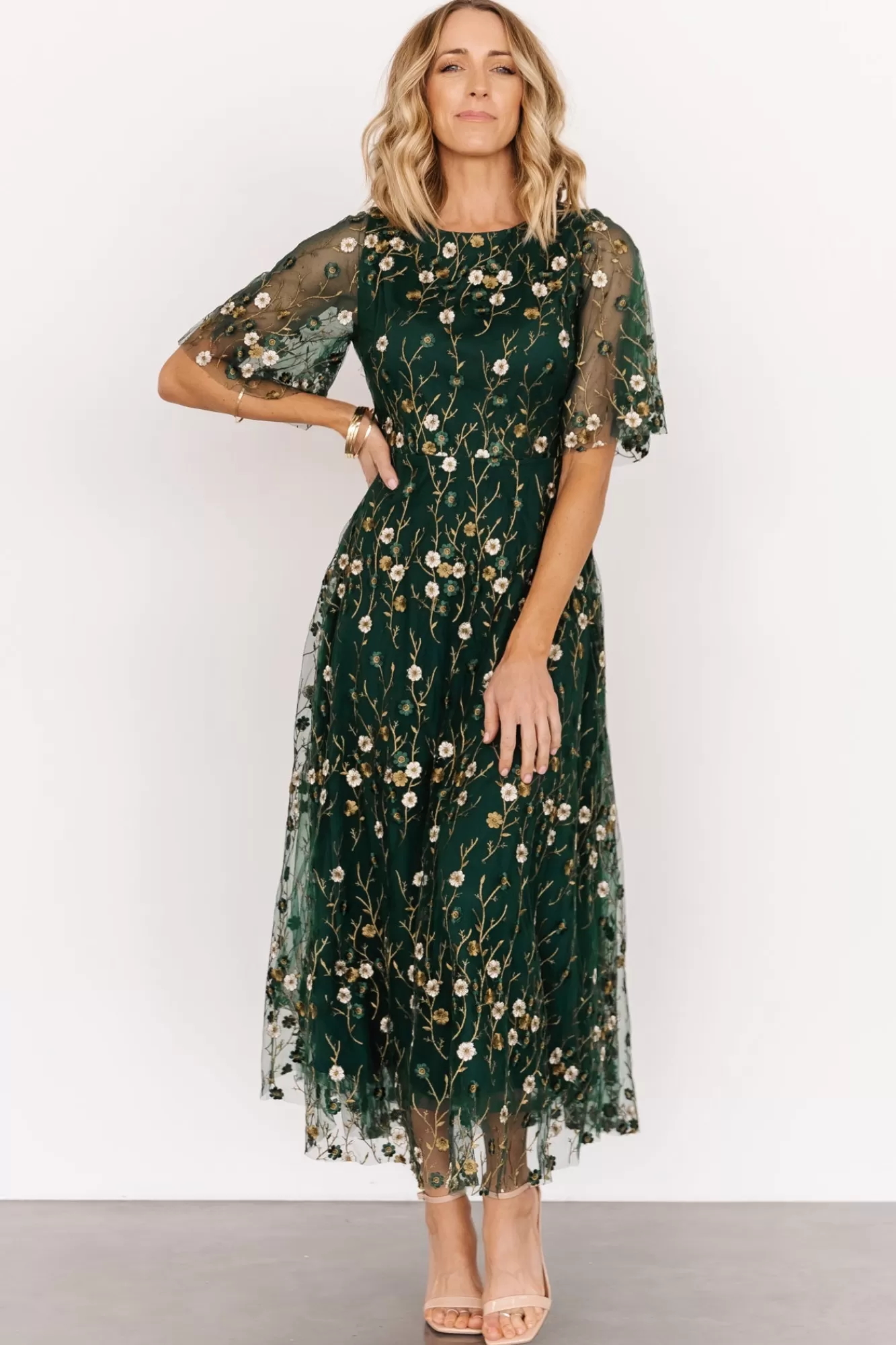 Baltic Born Maxi Dresses | Maxi Dresses | Arabella Embroidered Tulle Maxi Dress | Dark Green Floral