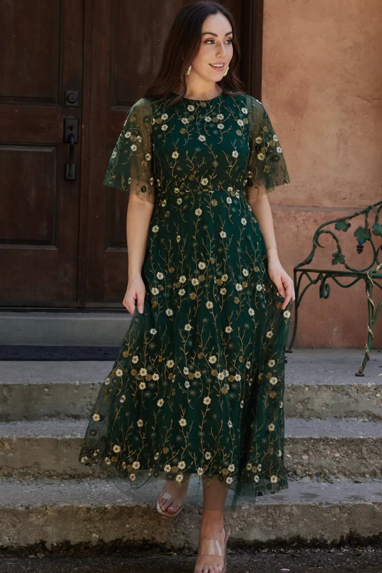 Baltic Born Maxi Dresses | Maxi Dresses | Arabella Embroidered Tulle Maxi Dress | Dark Green Floral