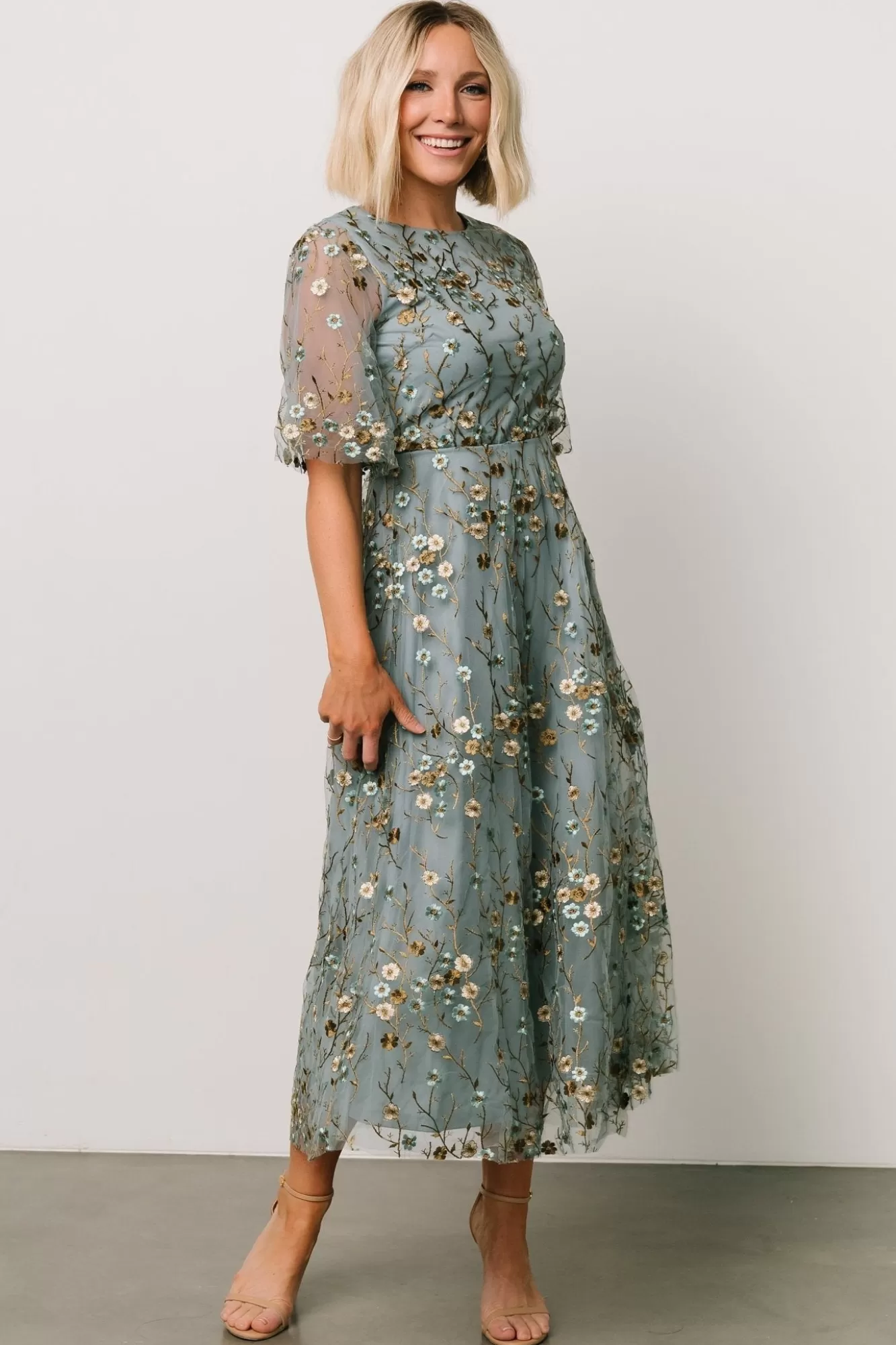 Baltic Born Maxi Dresses | Maxi Dresses | Arabella Embroidered Tulle Maxi Dress | Dusty Blue Floral