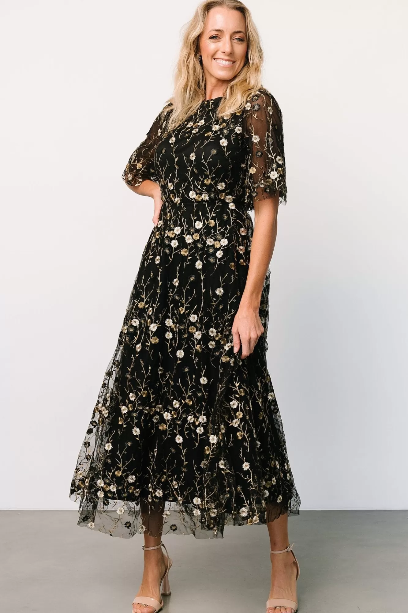 Baltic Born Maxi Dresses | Maxi Dresses | Arabella Embroidered Tulle Maxi Dress | Gold + Black