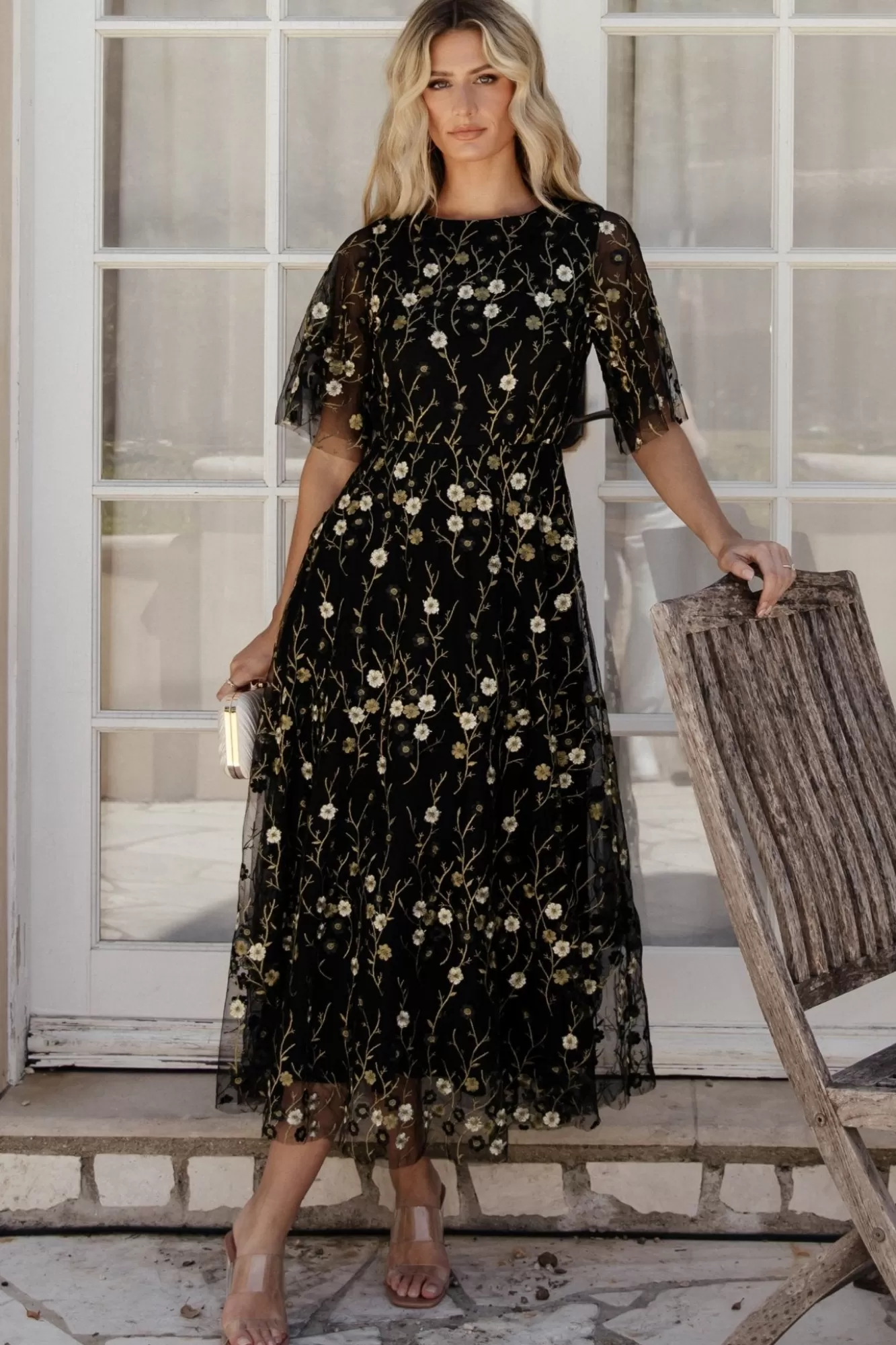 Baltic Born Maxi Dresses | Maxi Dresses | Arabella Embroidered Tulle Maxi Dress | Gold + Black