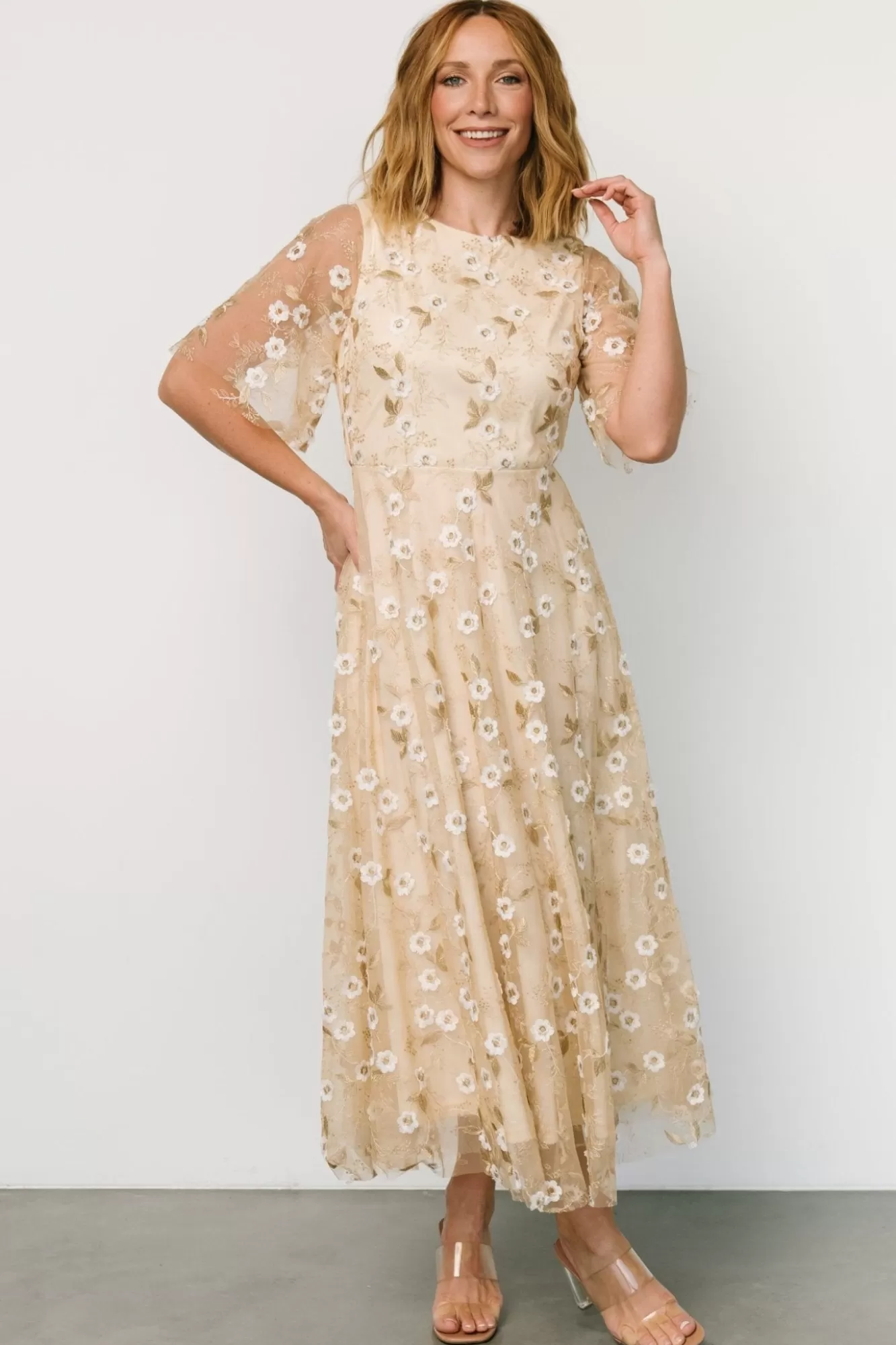 Baltic Born Maxi Dresses | Maxi Dresses | Arabella Embroidered Tulle Maxi Dress | Gold + White