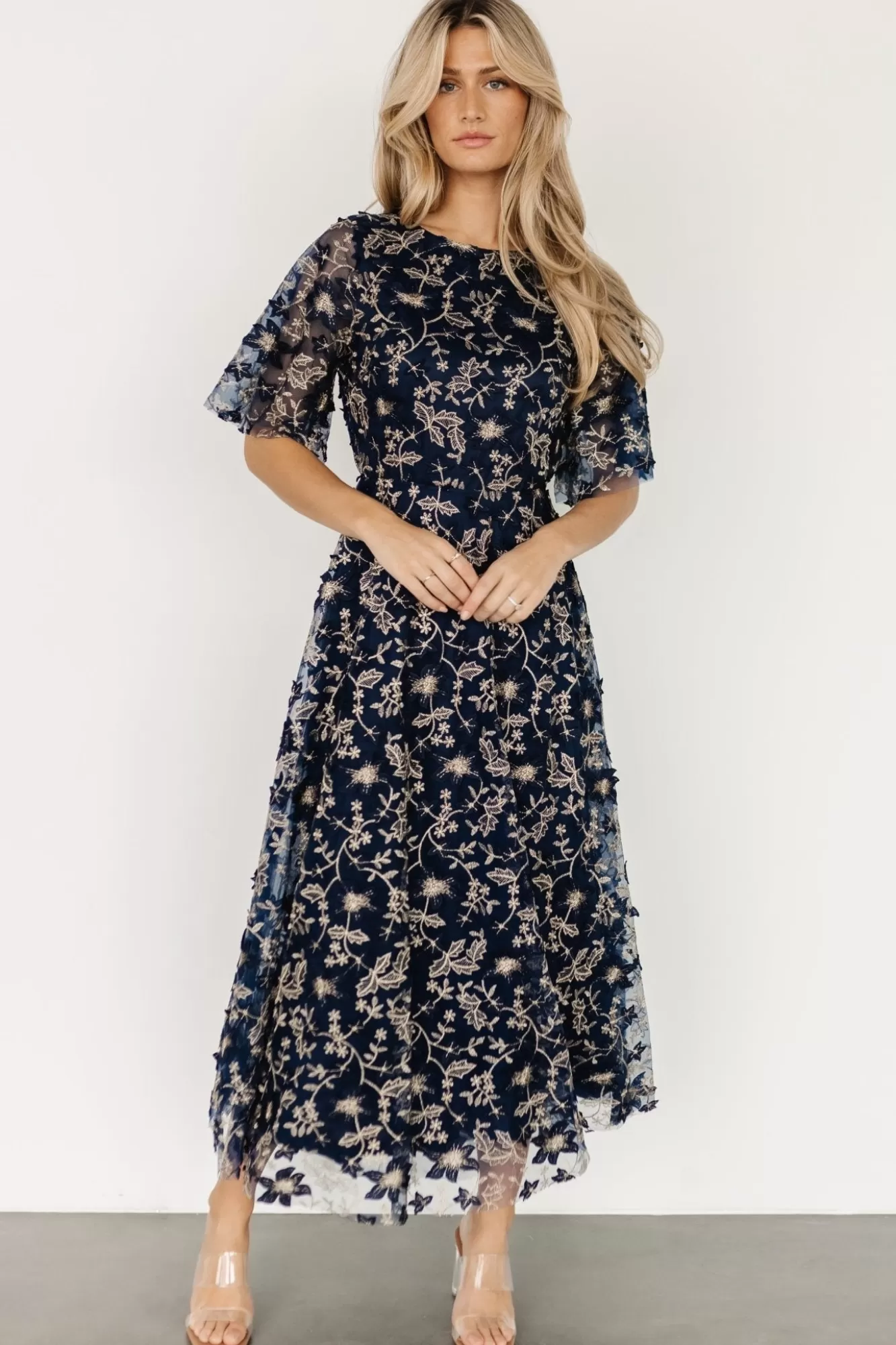 Baltic Born Maxi Dresses | Maxi Dresses | Arabella Embroidered Tulle Maxi Dress | Navy + Gold