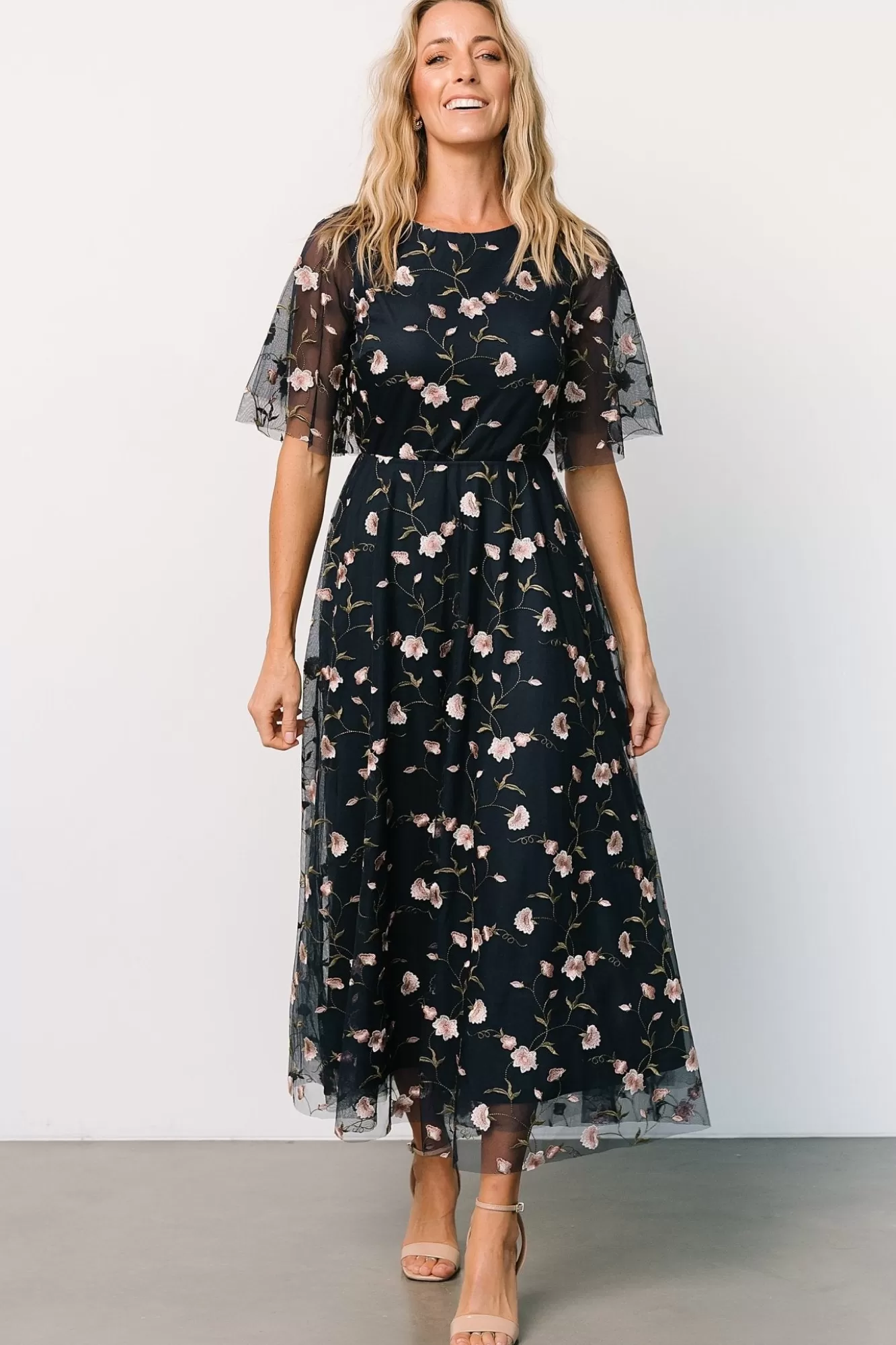 Baltic Born Maxi Dresses | Maxi Dresses | Arabella Embroidered Tulle Maxi Dress | Pink + Navy