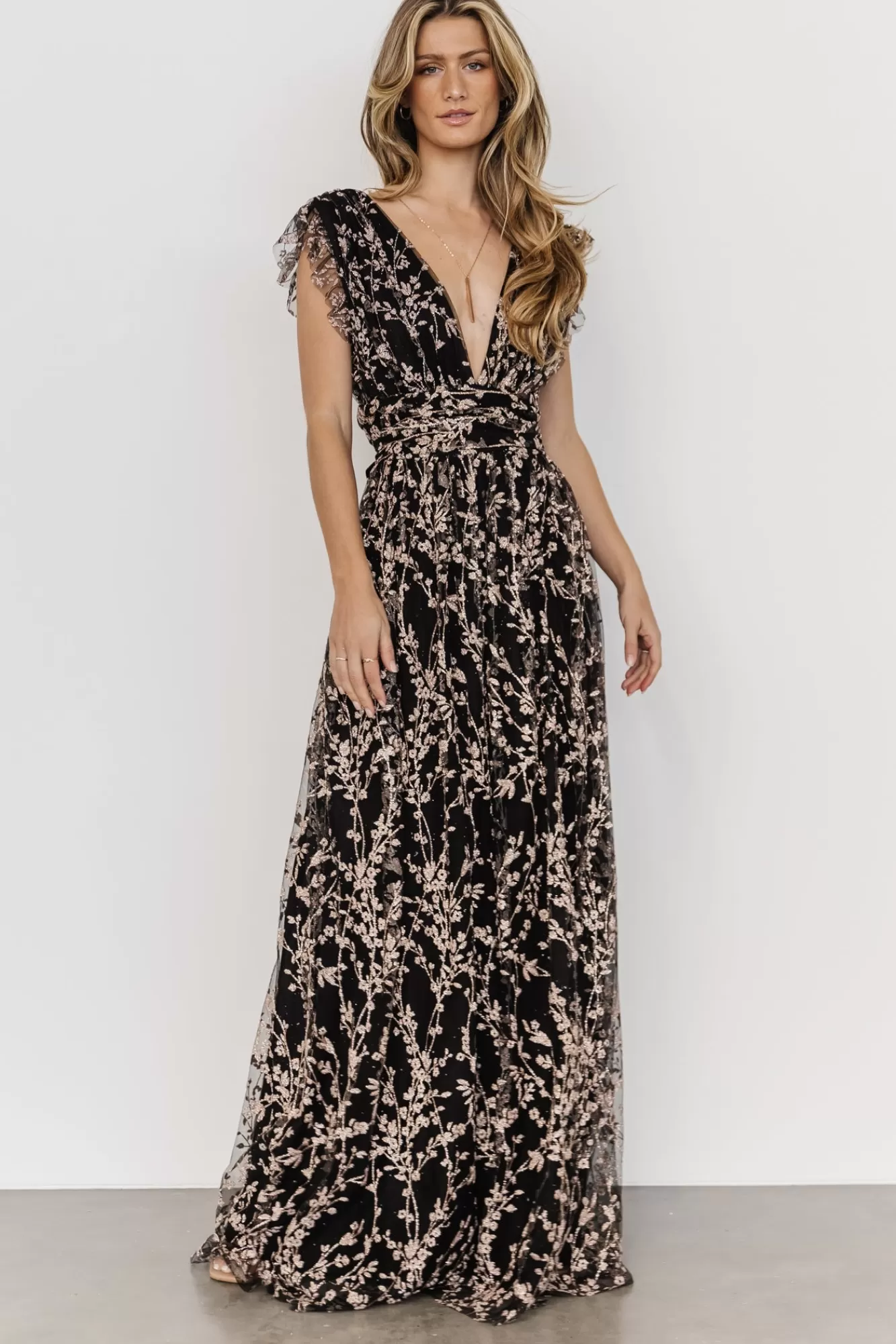 Baltic Born Maxi Dresses | Maxi Dresses | Arlene Shimmer Gown | Black + Rose Gold