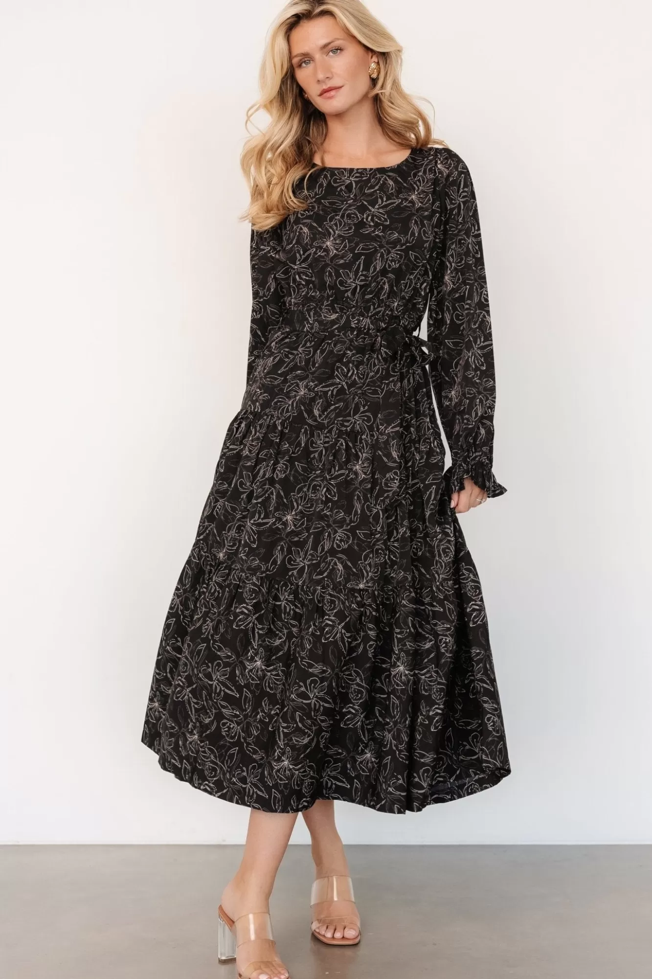 Baltic Born Midi Dresses | Midi Dresses | Ashlyn Long Sleeve Dress | Black Print