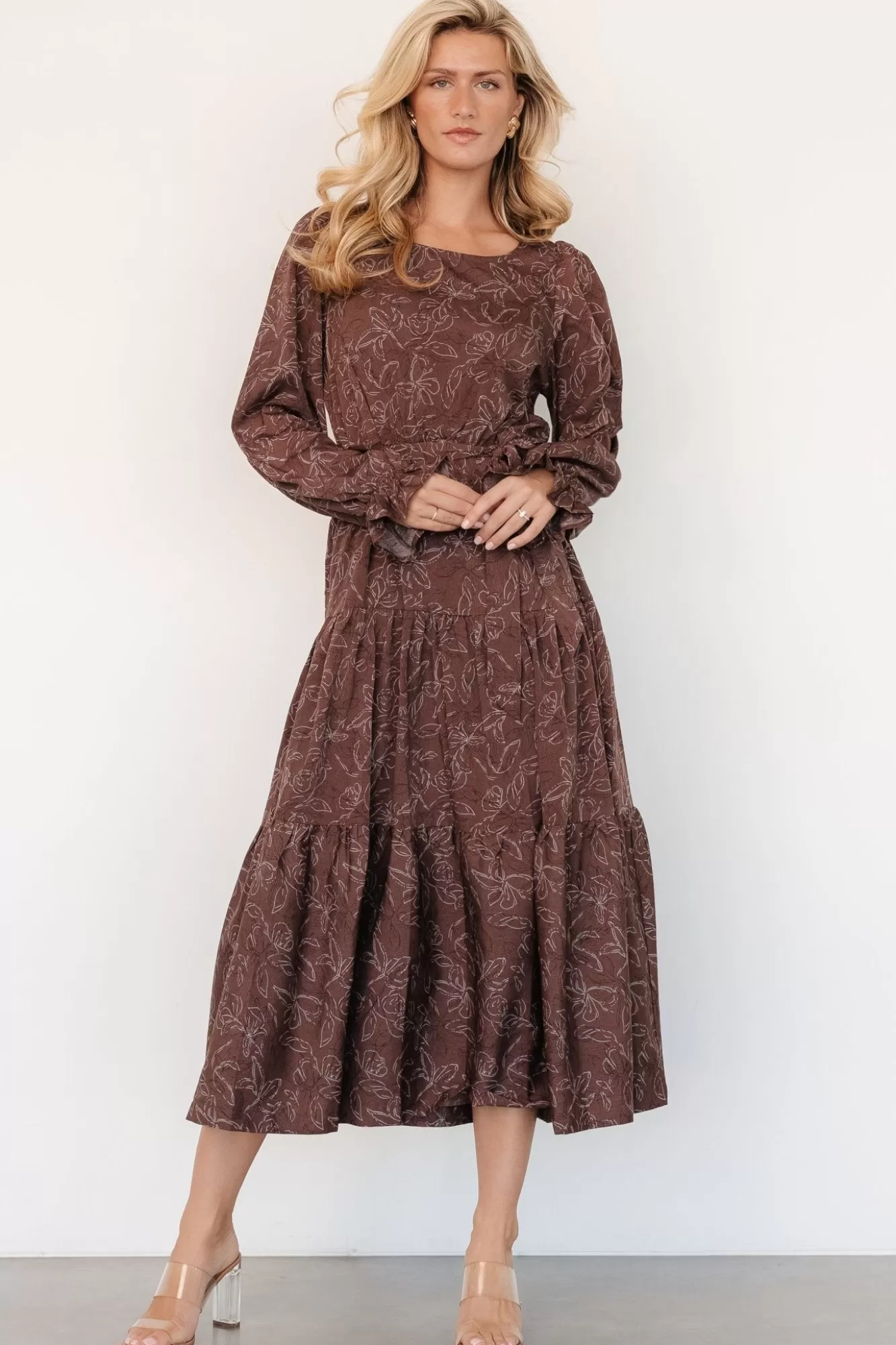 Baltic Born Midi Dresses | Midi Dresses | Ashlyn Long Sleeve Dress | Brown Print