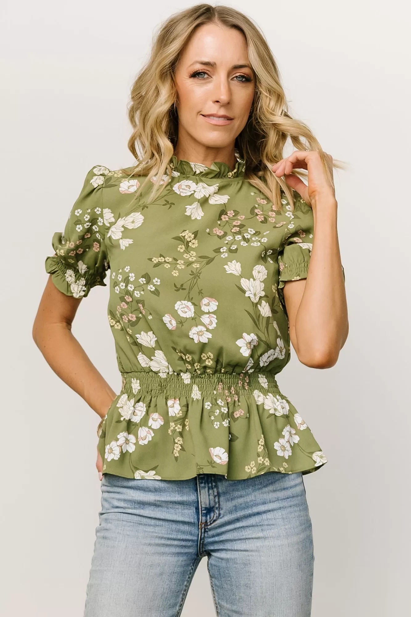 Baltic Born Blouses + Shirts | Beth Peplum Top | Olive Floral