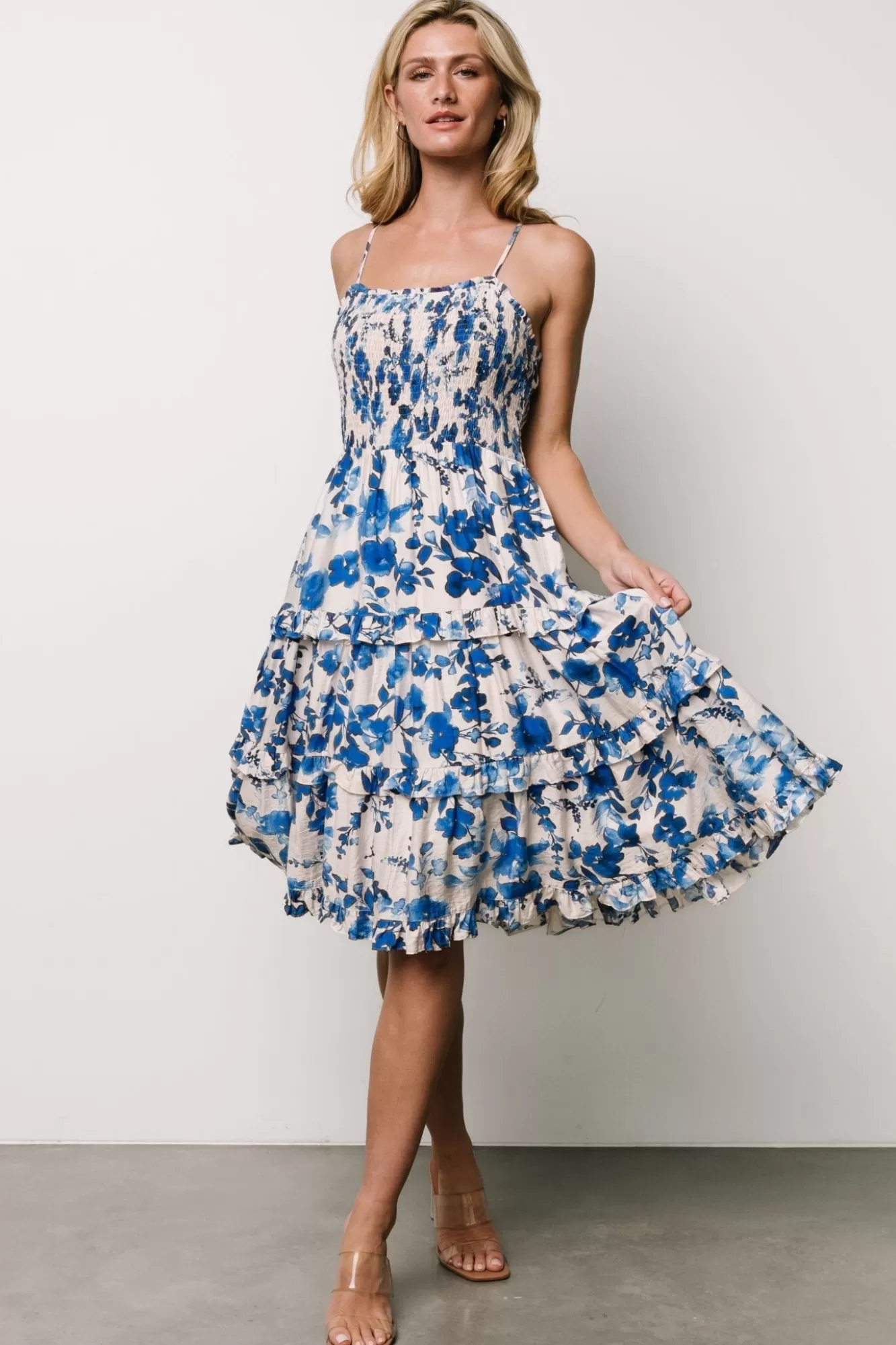 Baltic Born Midi Dresses | Midi Dresses | Calina Midi Dress | Ivory + Blue Floral