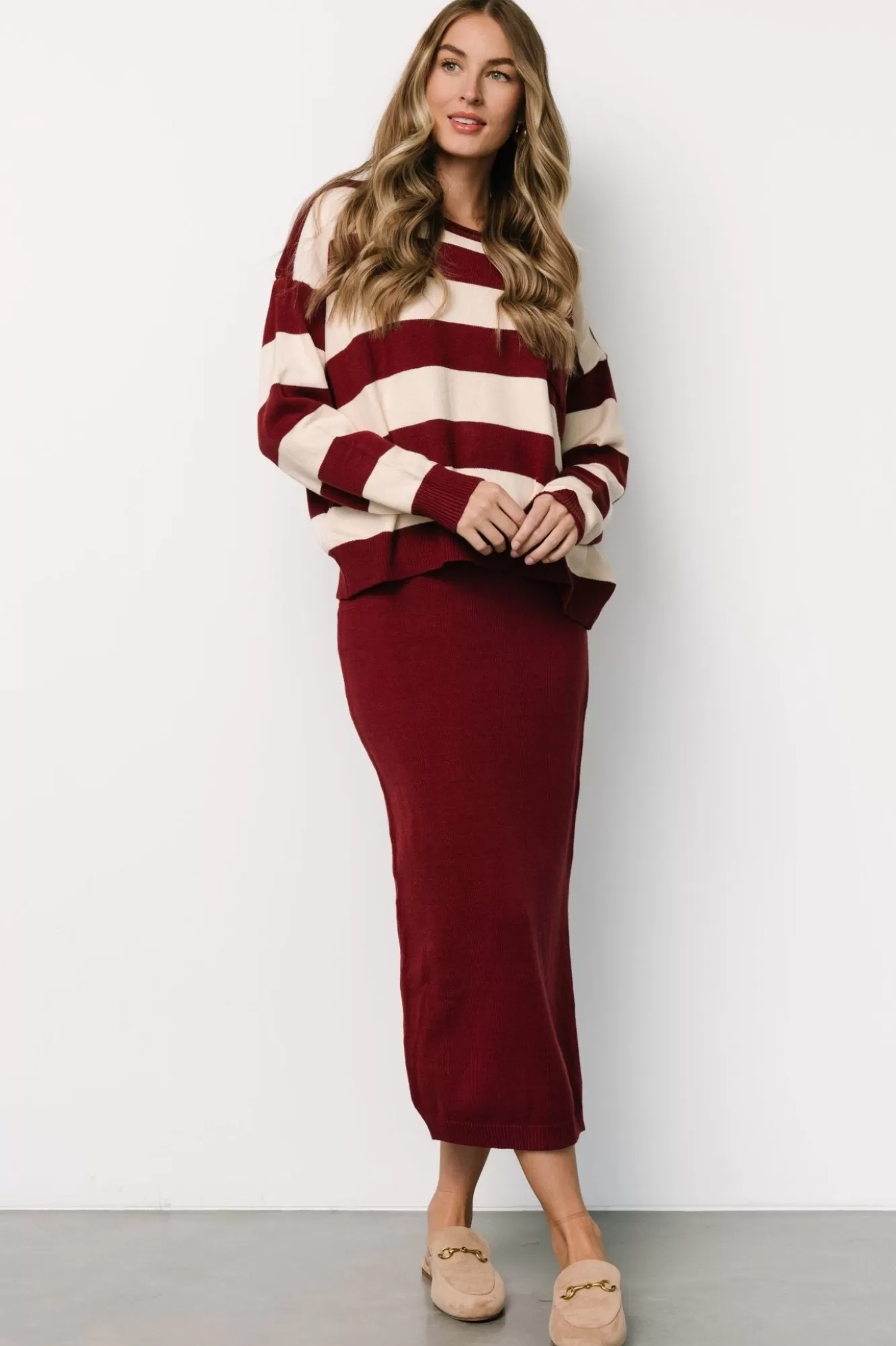 Baltic Born Midi Dresses | Midi Dresses | Carlotta Sweater + Skirt Set | Burgundy + Cream