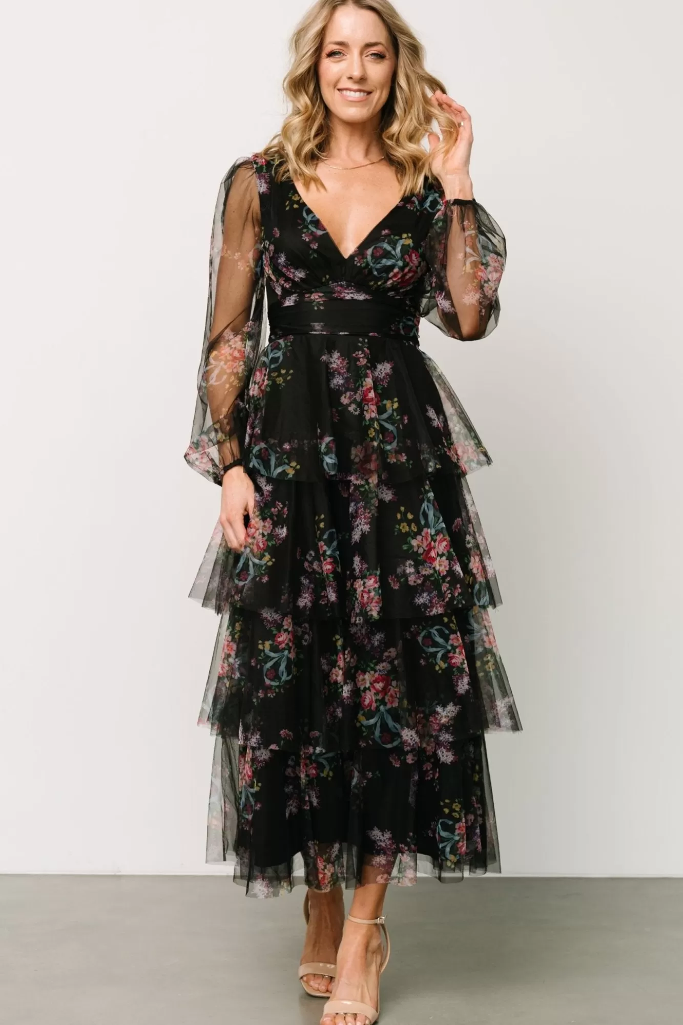 Baltic Born Maxi Dresses | Maxi Dresses | Carolina Tulle Tiered Maxi Dress | Black Floral