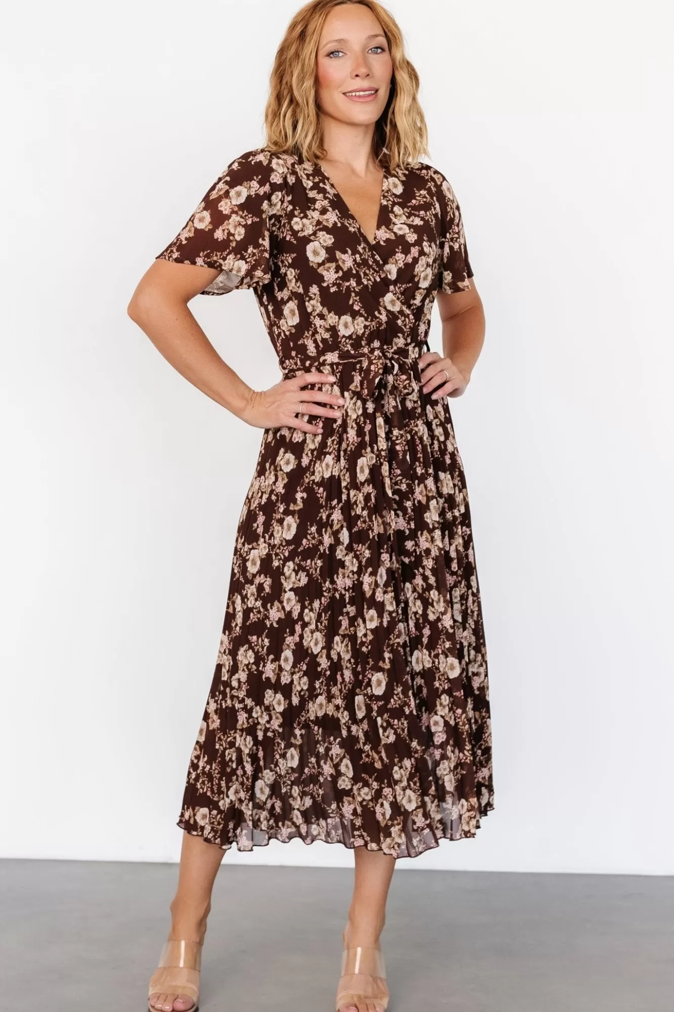 Baltic Born Midi Dresses | Midi Dresses | Cassidy Pleated Midi Dress | Brown Floral