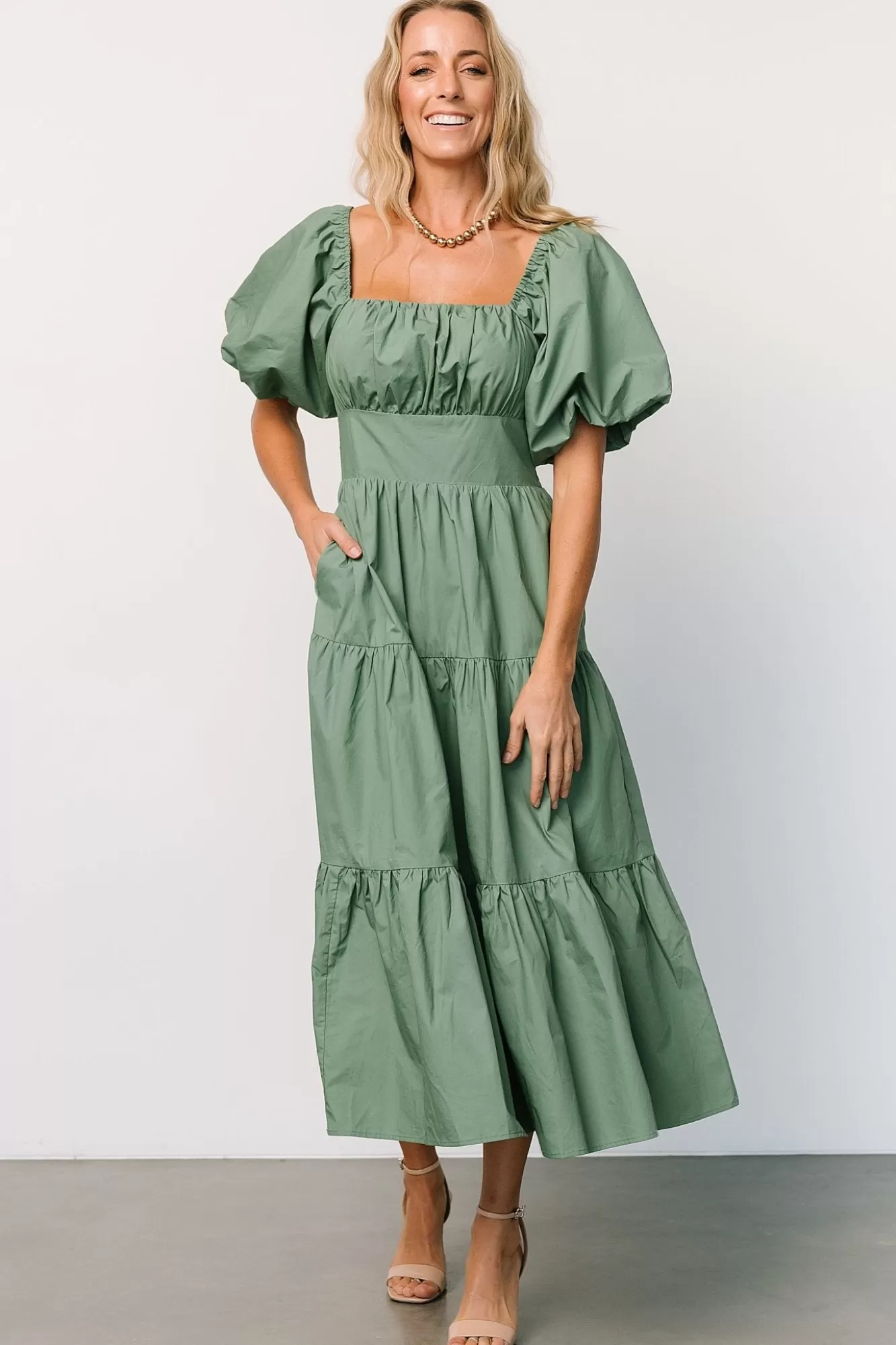 Baltic Born Midi Dresses | Midi Dresses | Cindy Puff Sleeve Tiered Dress | Dusty Green