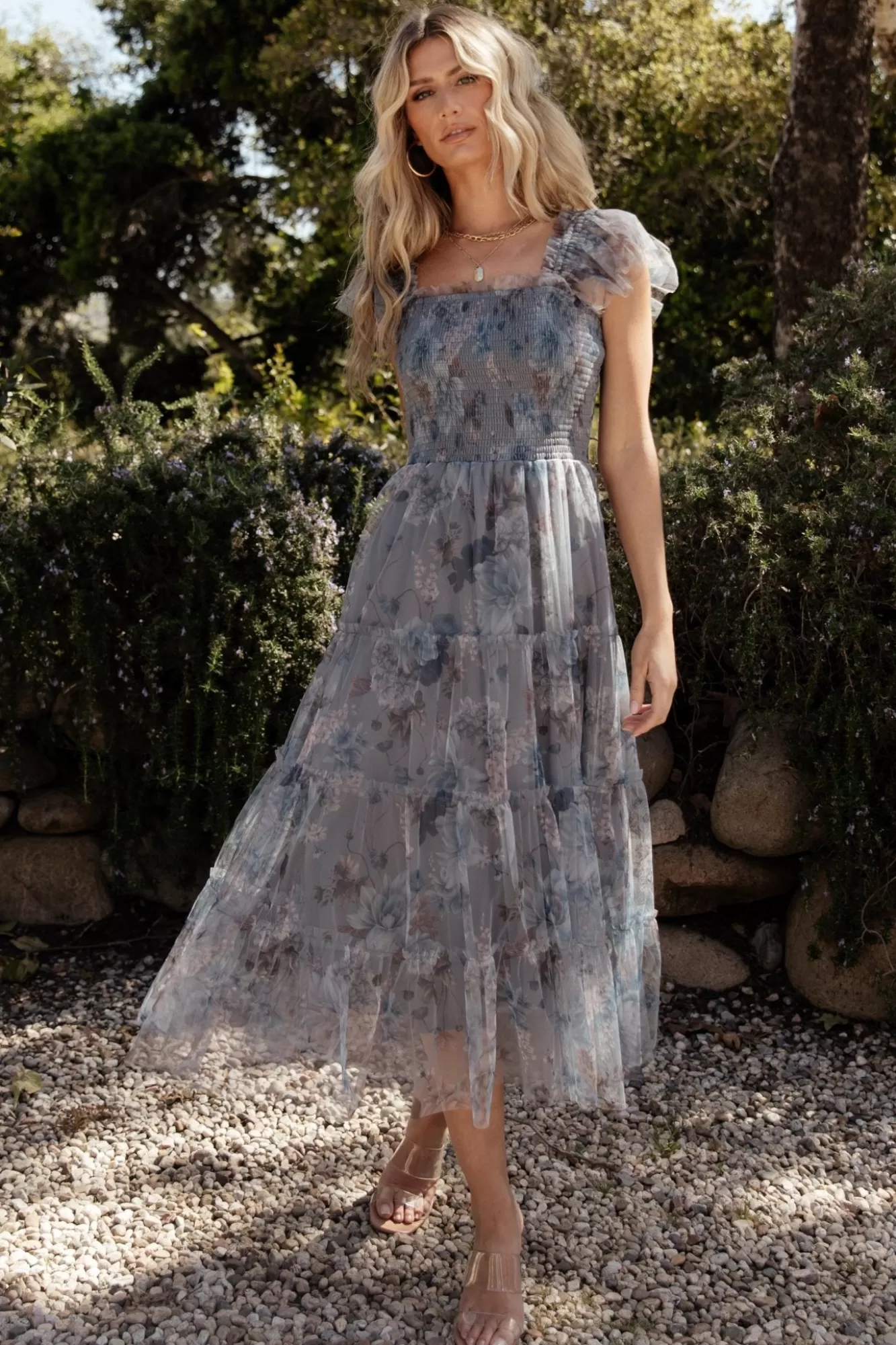 Baltic Born Midi Dresses | Midi Dresses | Clementine Tulle Midi Dress | Dusty Blue Floral