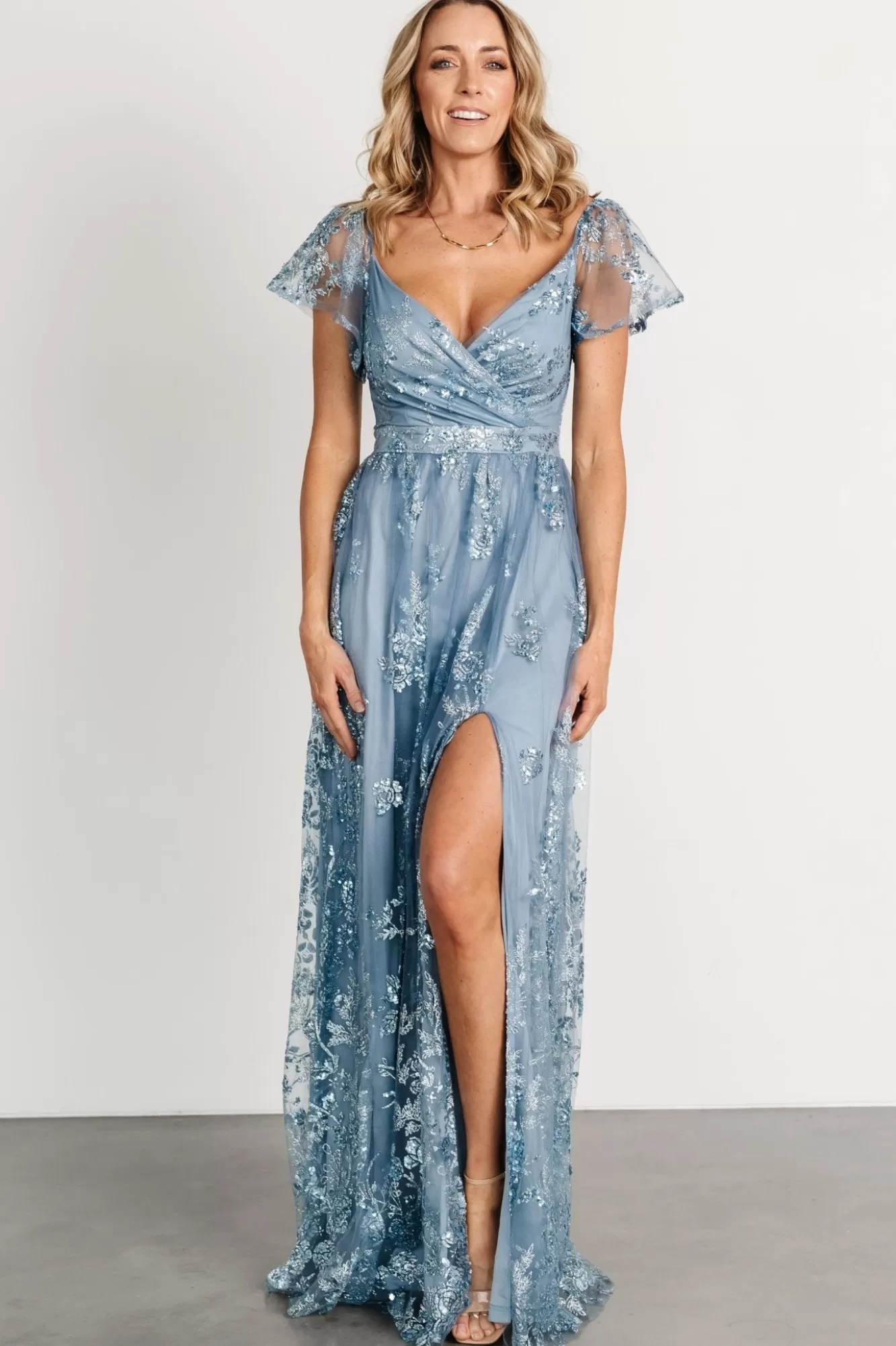 Baltic Born Maxi Dresses | Maxi Dresses | Corinne Shimmer Maxi Gown | Slate Blue