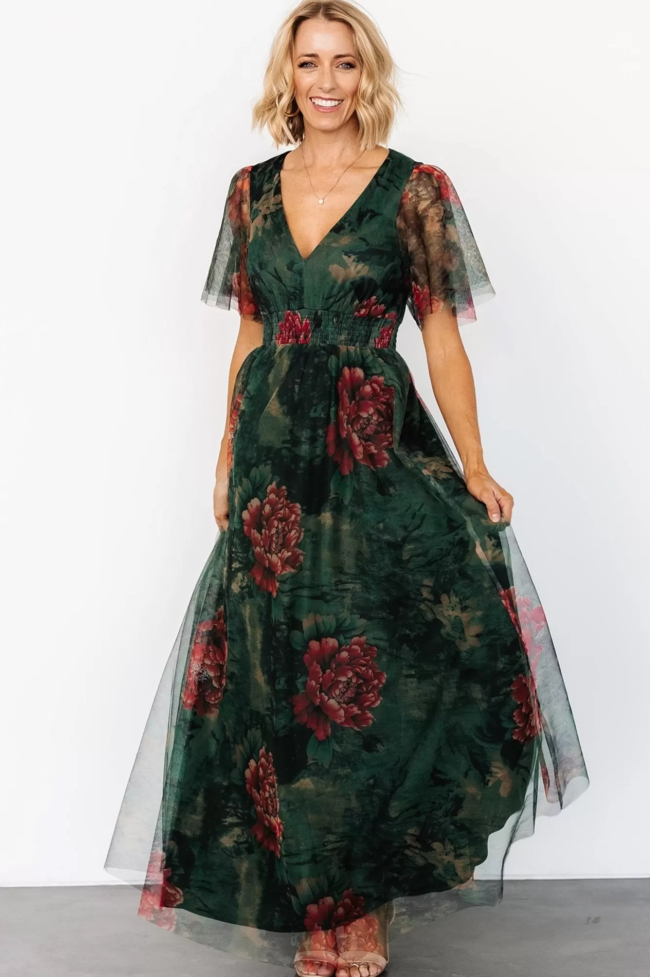 Baltic Born Maxi Dresses | Maxi Dresses | Cressida Tulle Maxi Dress | Dark Green + Red Floral