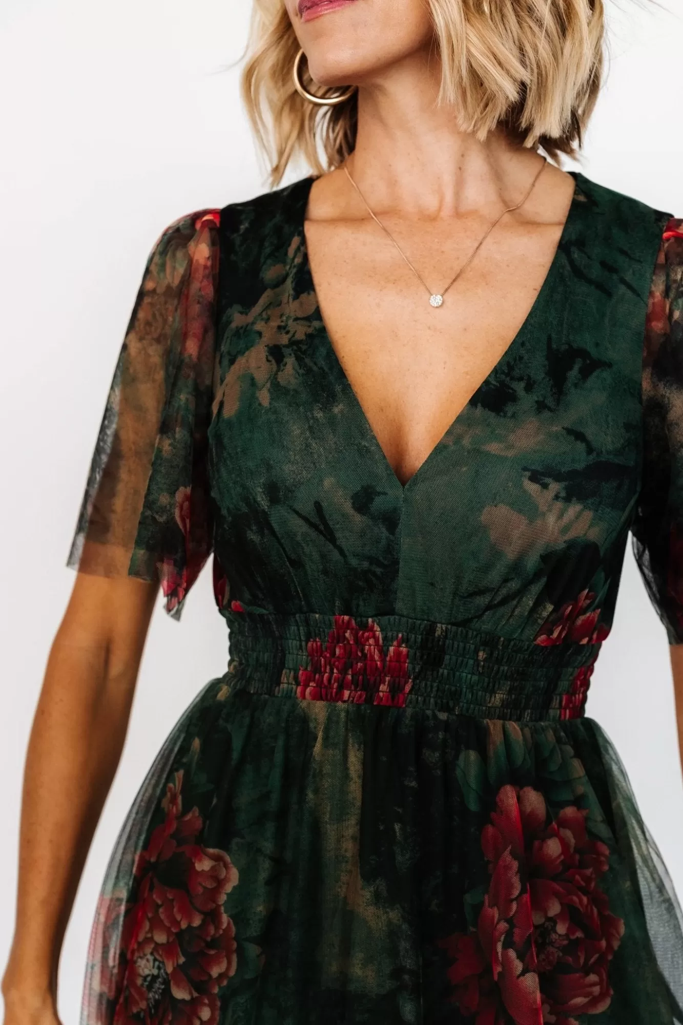 Baltic Born Maxi Dresses | Maxi Dresses | Cressida Tulle Maxi Dress | Dark Green + Red Floral