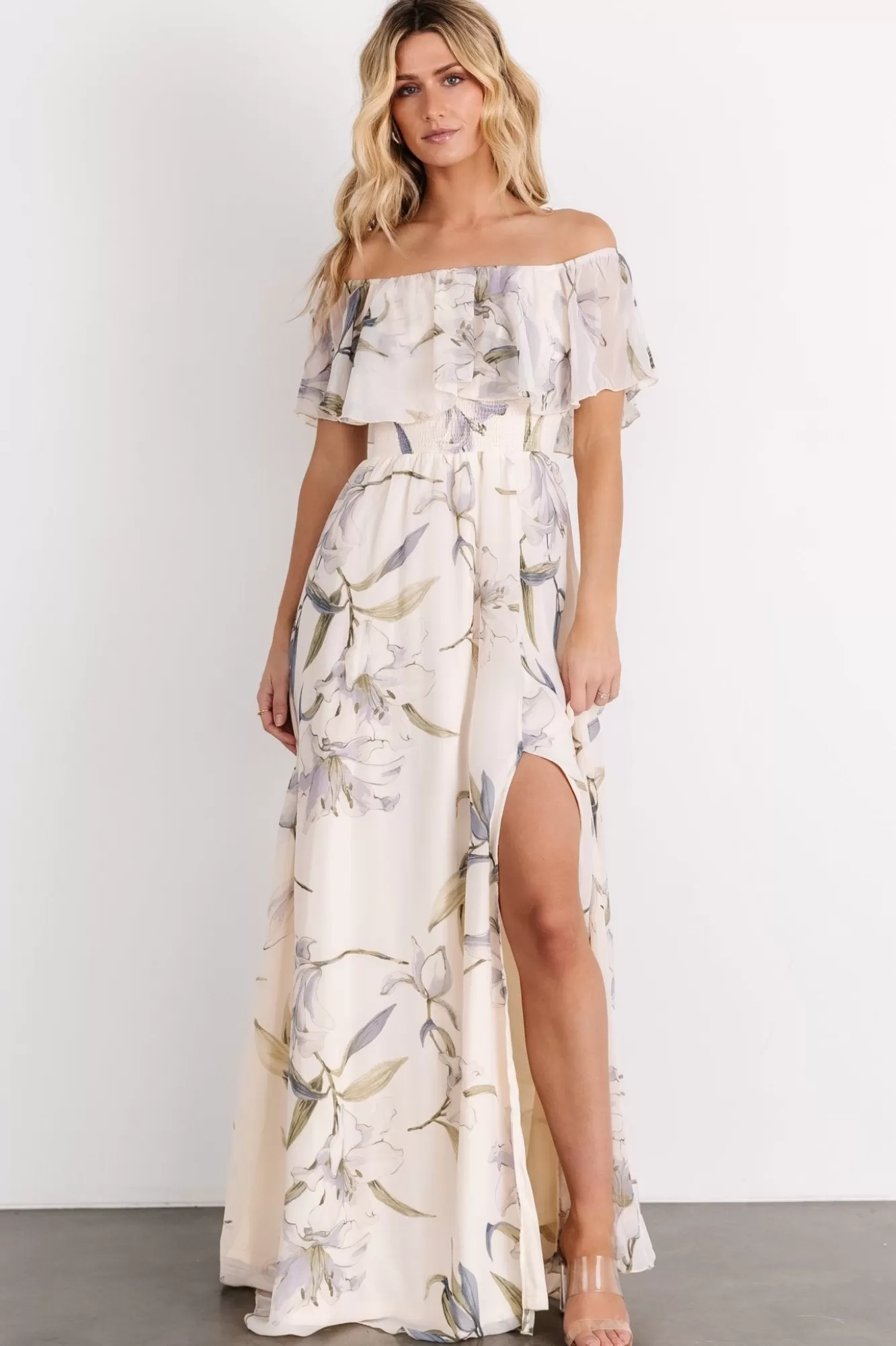 Baltic Born Maxi Dresses | Maxi Dresses | Daphne Off Shoulder Maxi Dress | Beige + Blue Floral