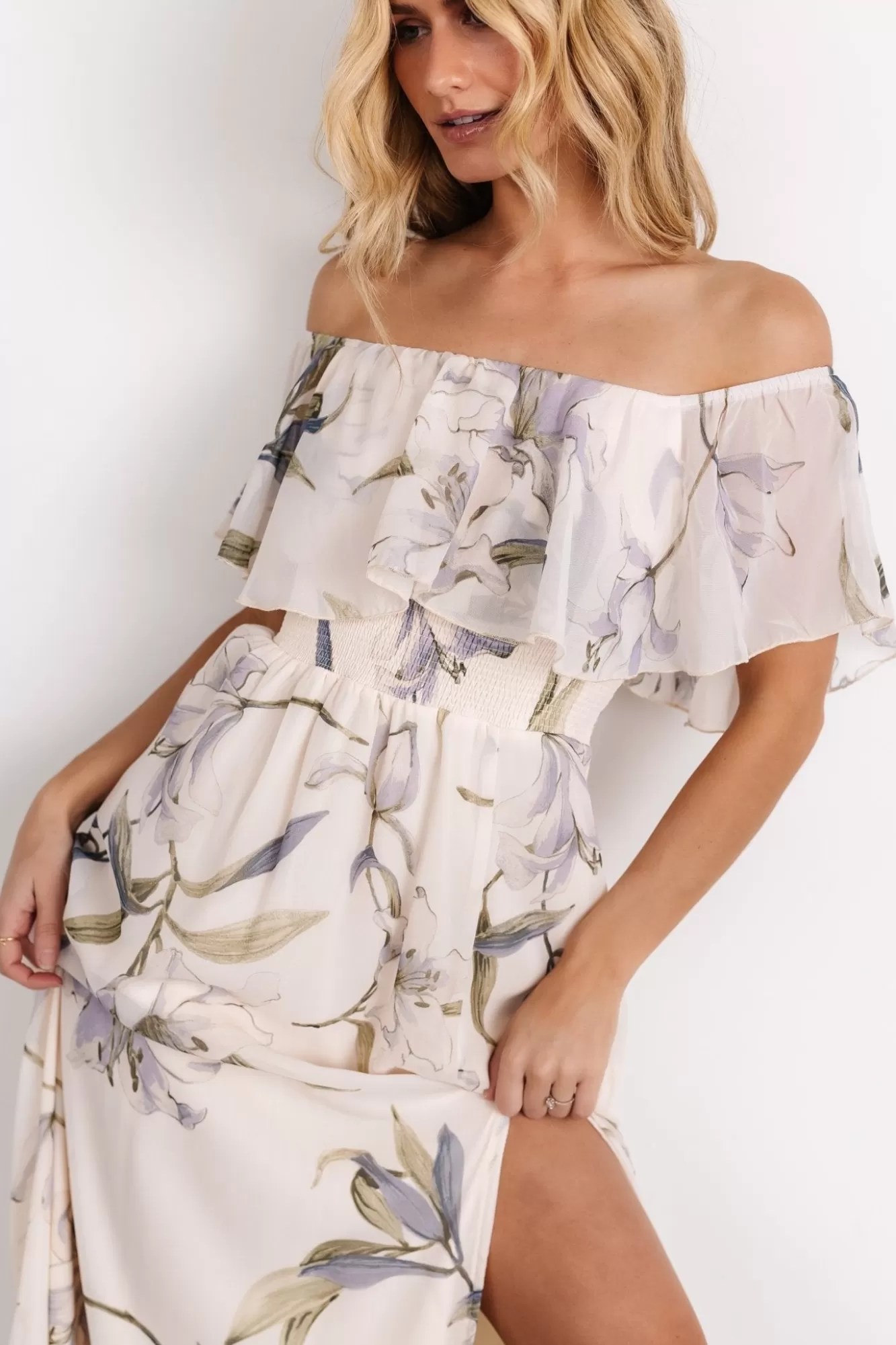 Baltic Born Maxi Dresses | Maxi Dresses | Daphne Off Shoulder Maxi Dress | Beige + Blue Floral