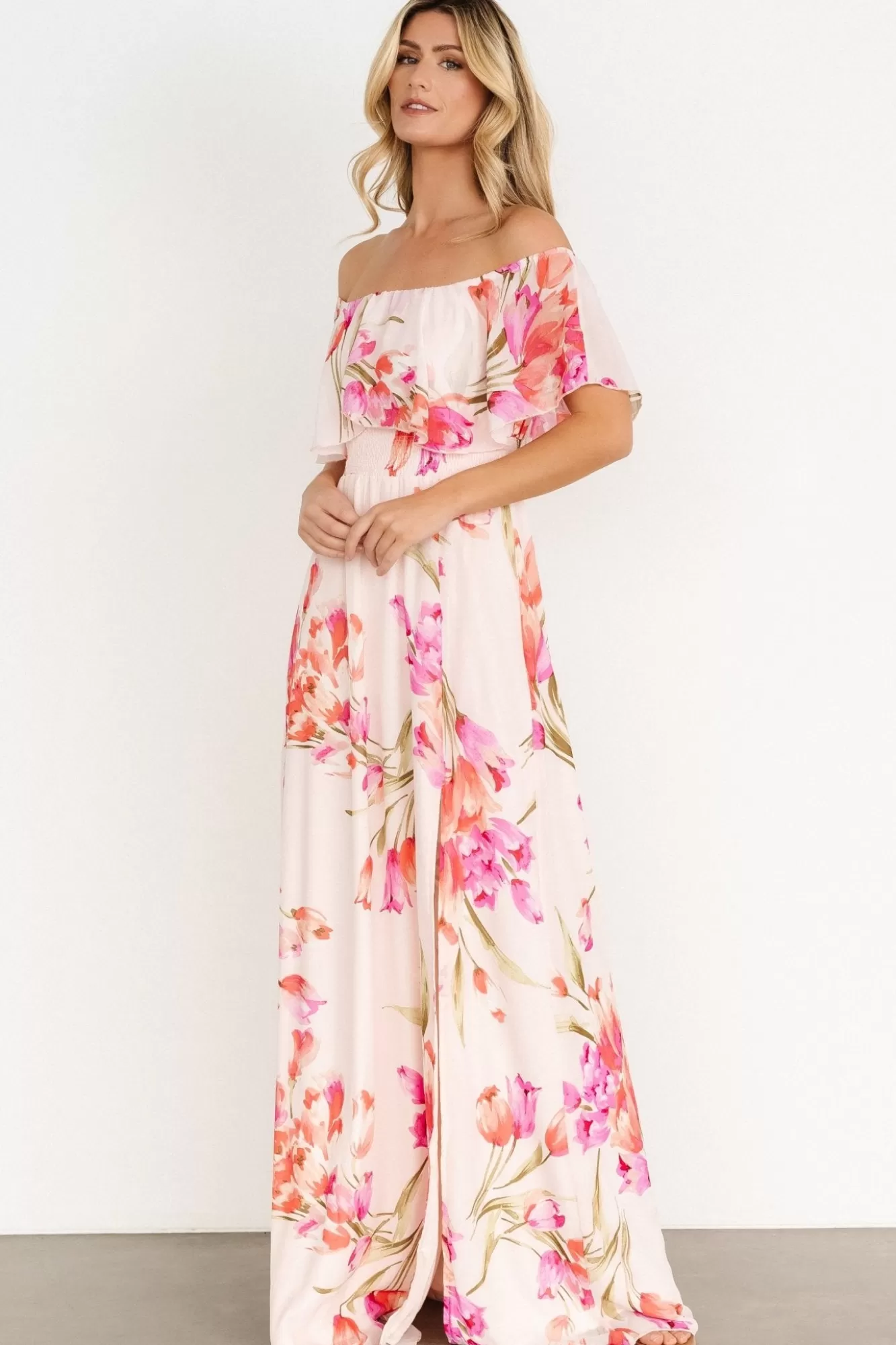 Baltic Born Maxi Dresses | Maxi Dresses | Daphne Off Shoulder Maxi Dress | Blush Floral