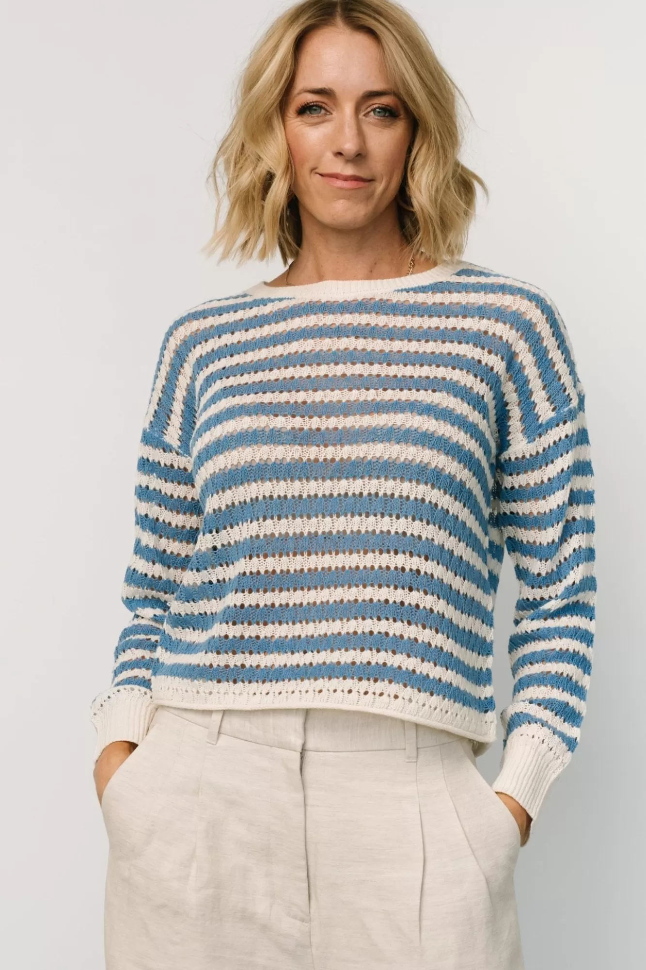 Baltic Born Sweaters | Dawn Open Knit Top | Blue + Ivory