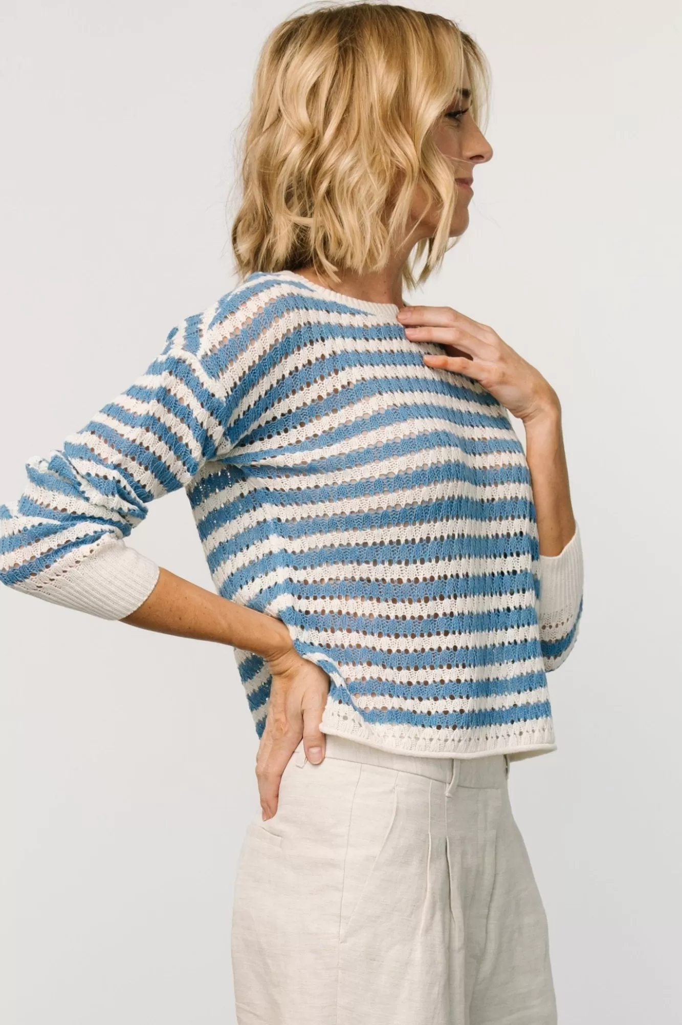 Baltic Born Sweaters | Dawn Open Knit Top | Blue + Ivory