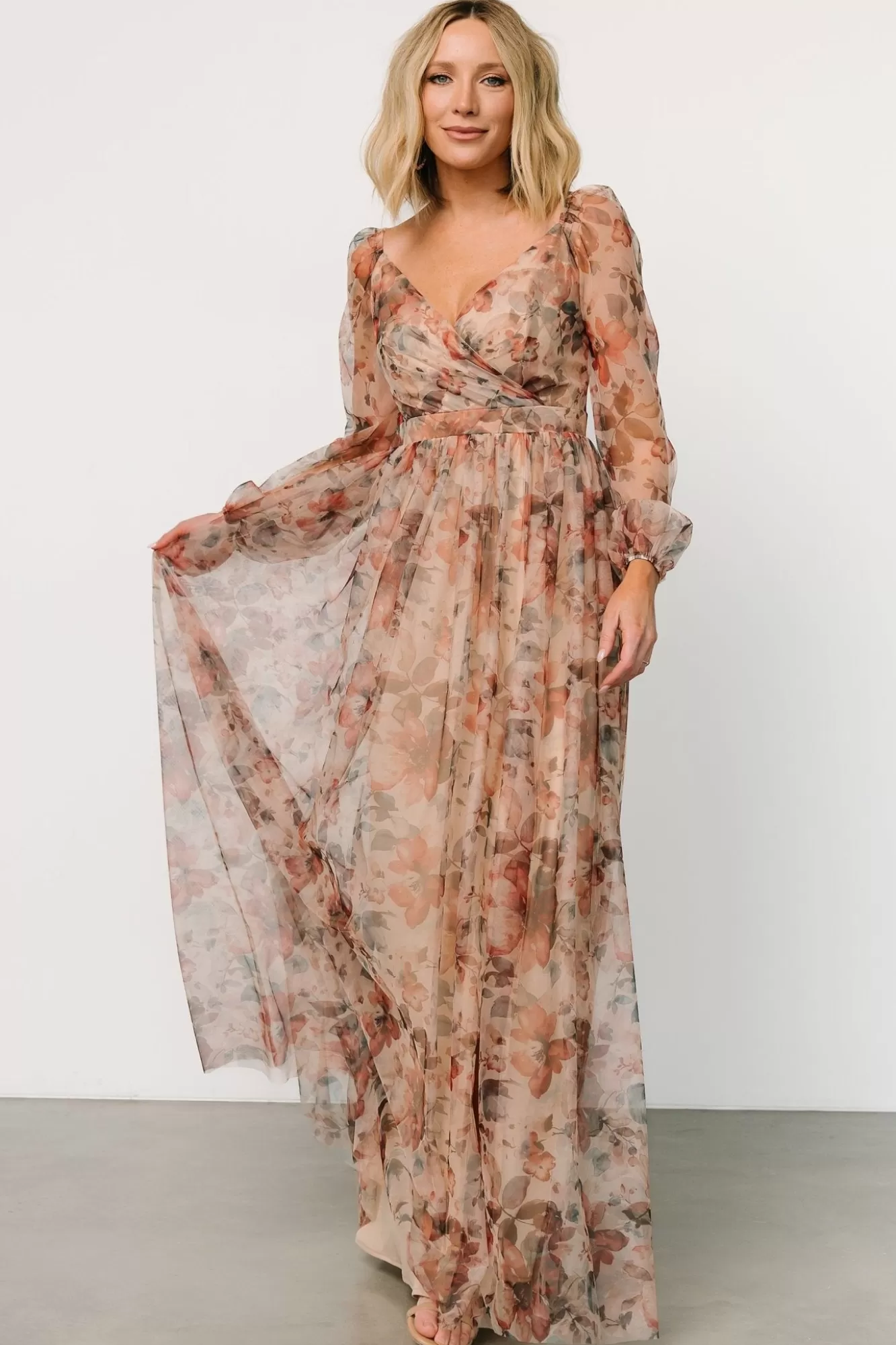 Baltic Born Maxi Dresses | Maxi Dresses | Desiree Tulle Maxi Dress | Taupe Floral