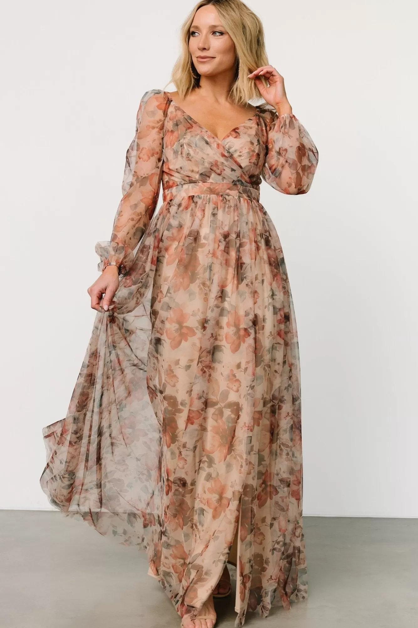 Baltic Born Maxi Dresses | Maxi Dresses | Desiree Tulle Maxi Dress | Taupe Floral