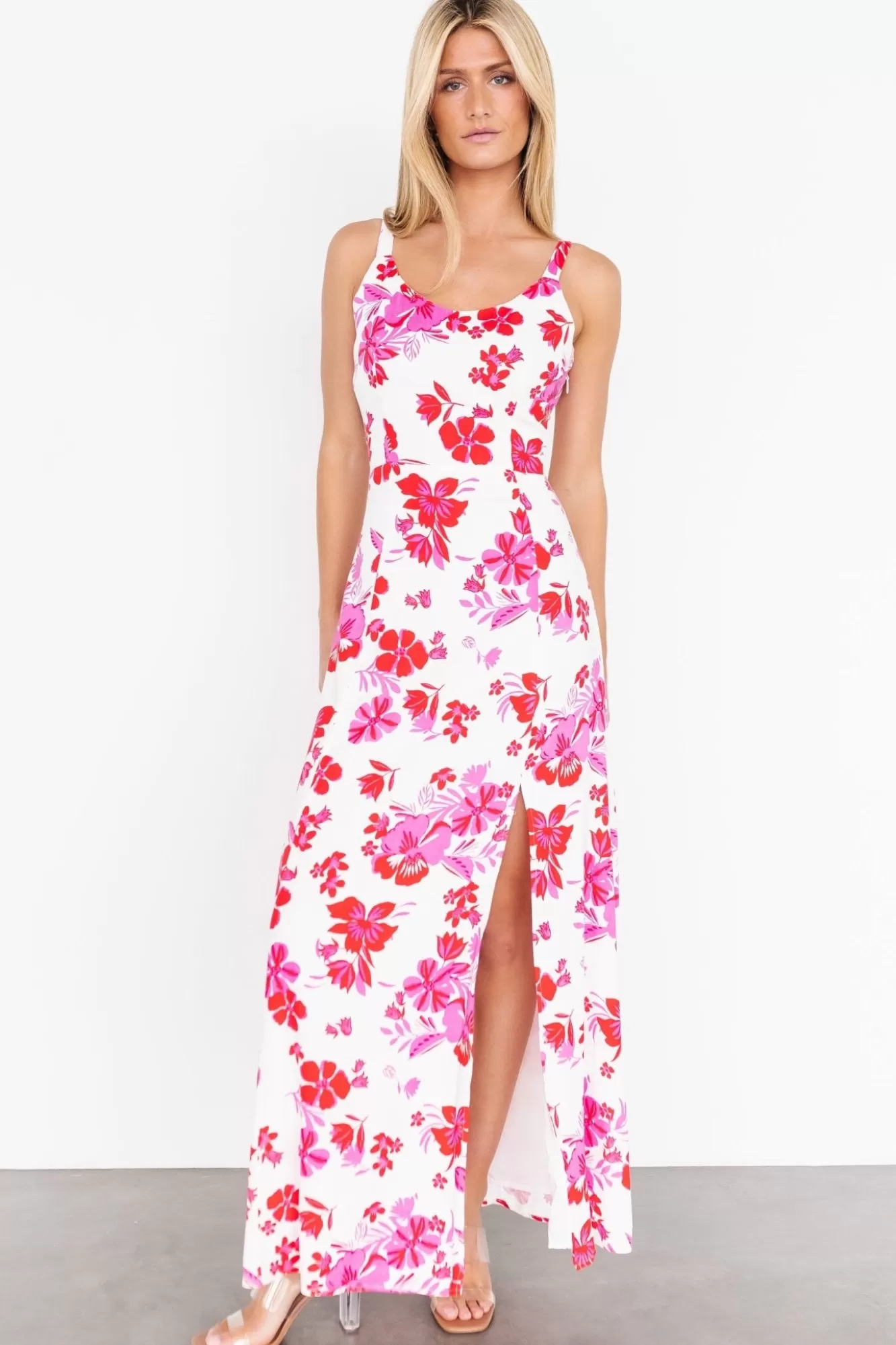 Baltic Born Maxi Dresses | Maxi Dresses | Emaline Open Back Maxi Dress | White + Pink Floral