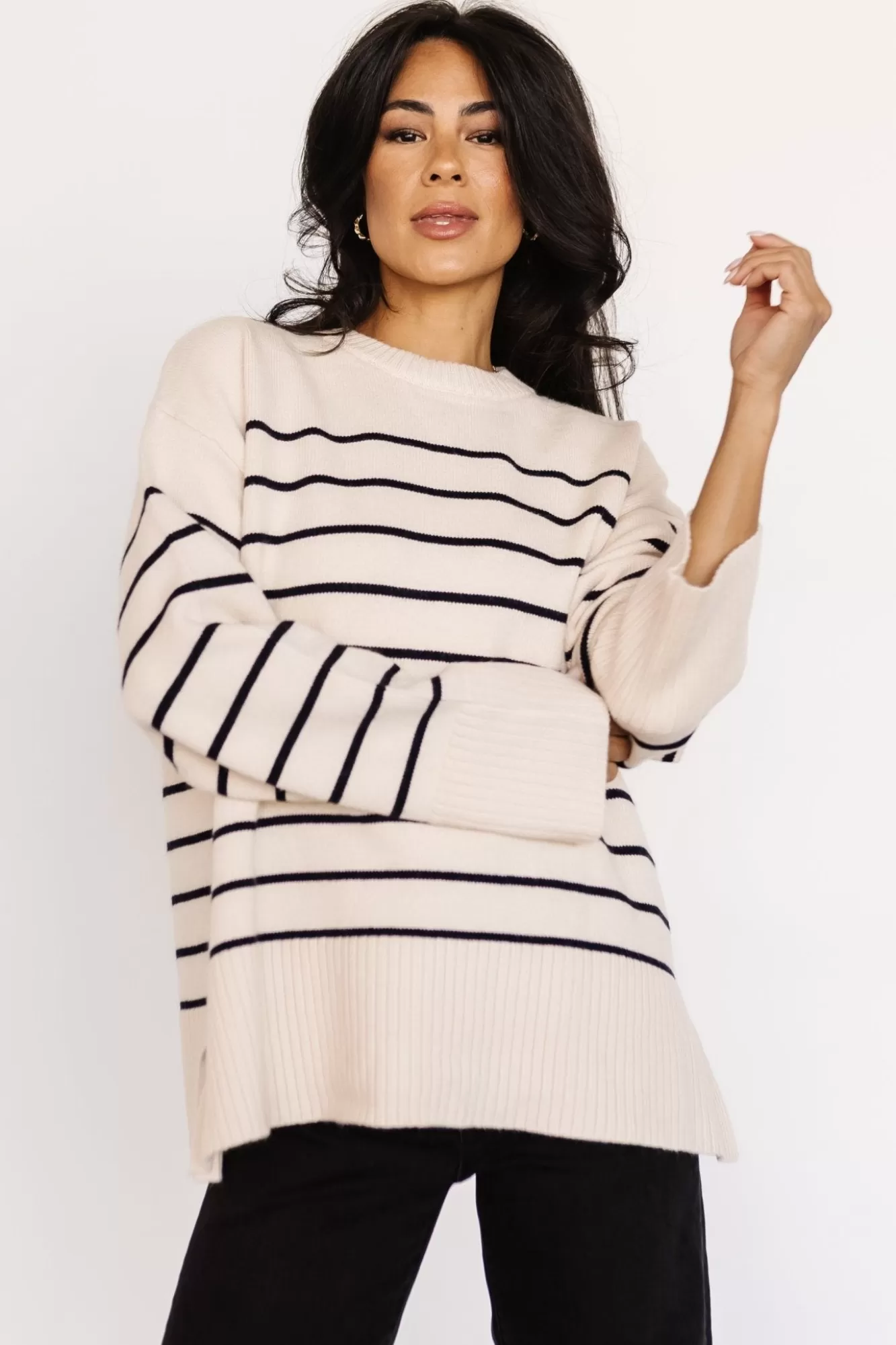 Baltic Born Sweaters | Emerson Stripe Knit Sweater | Ivory + Black