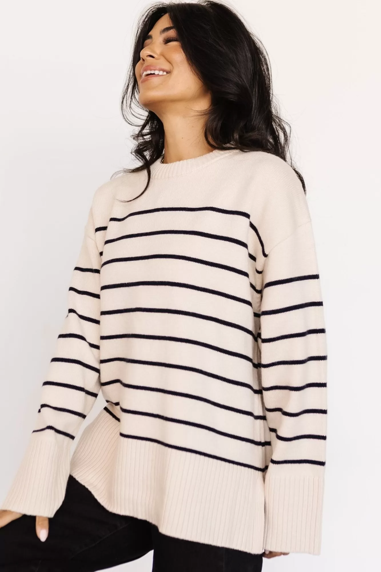 Baltic Born Sweaters | Emerson Stripe Knit Sweater | Ivory + Black