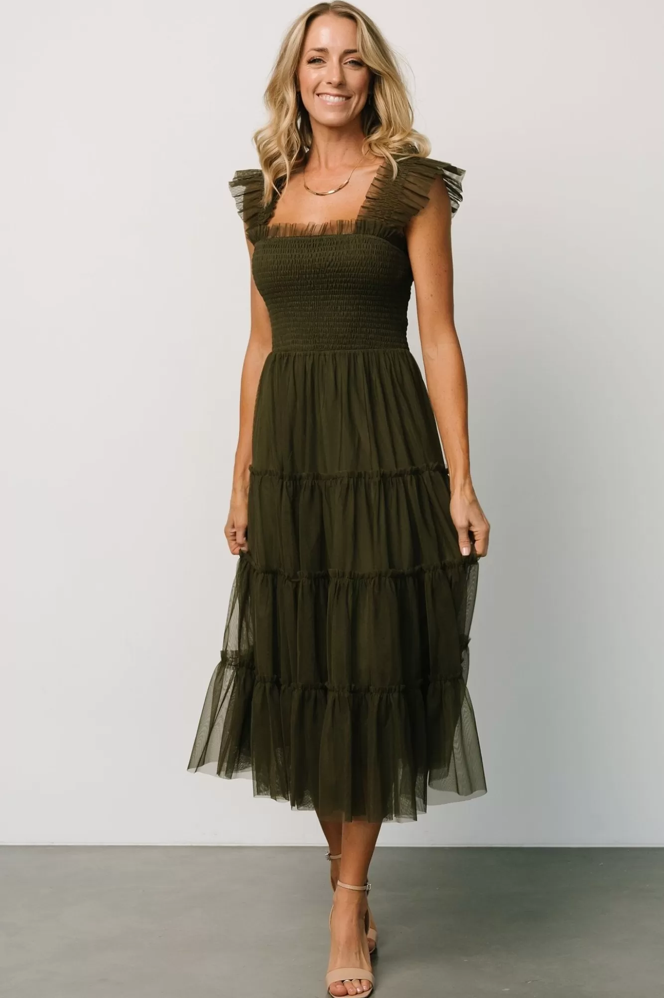 Baltic Born Midi Dresses | Midi Dresses | Emma Smocked Tulle Dress | Dark Olive