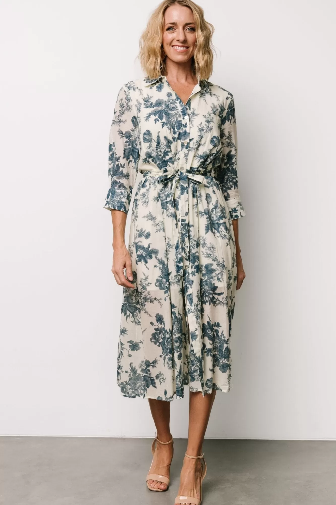 Baltic Born Midi Dresses | Midi Dresses | Eunice Button Midi Dress | Ivory + Blue Floral