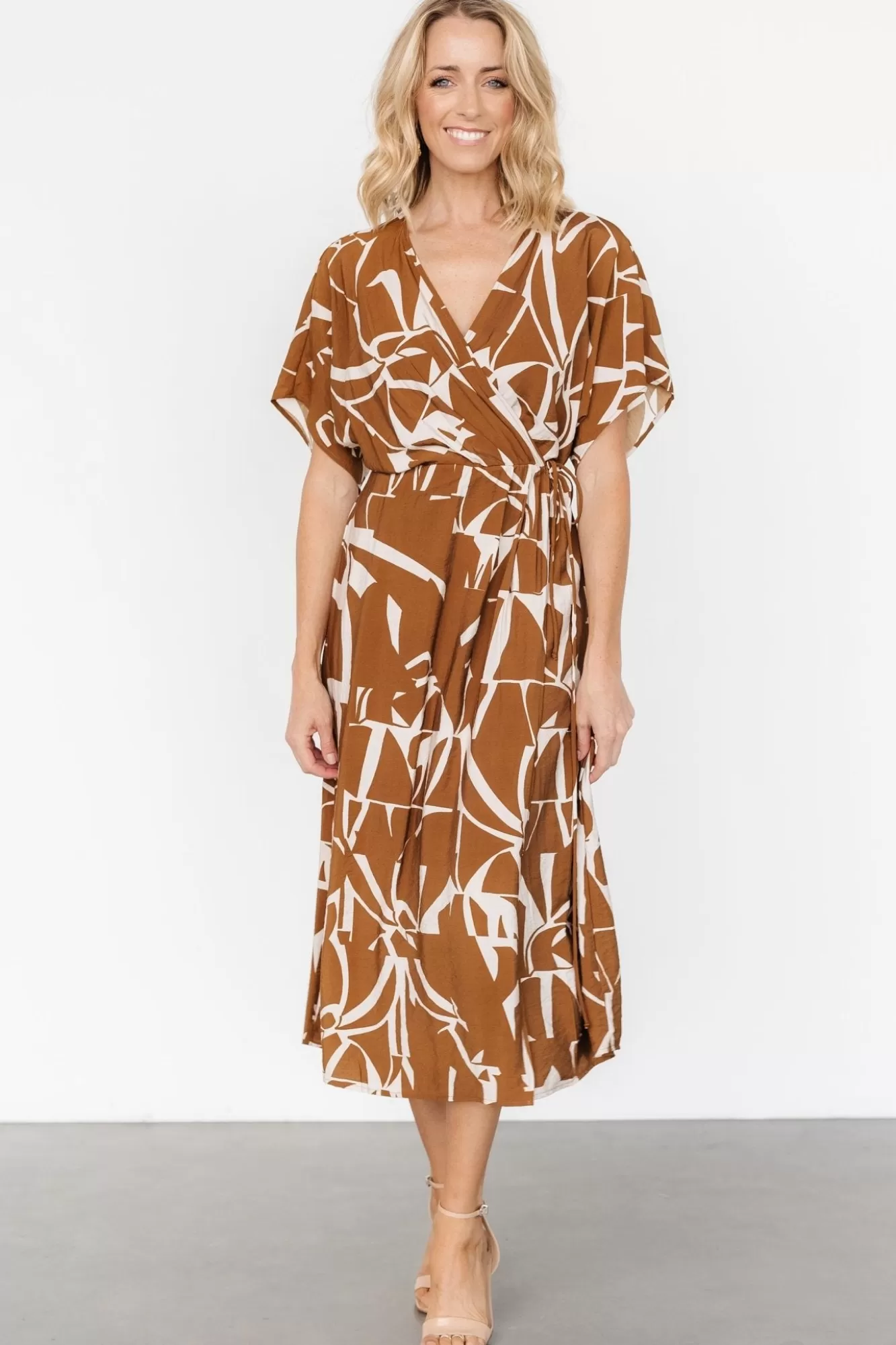 Baltic Born Midi Dresses | Midi Dresses | Fantino Faux Wrap Dress | Brown Print