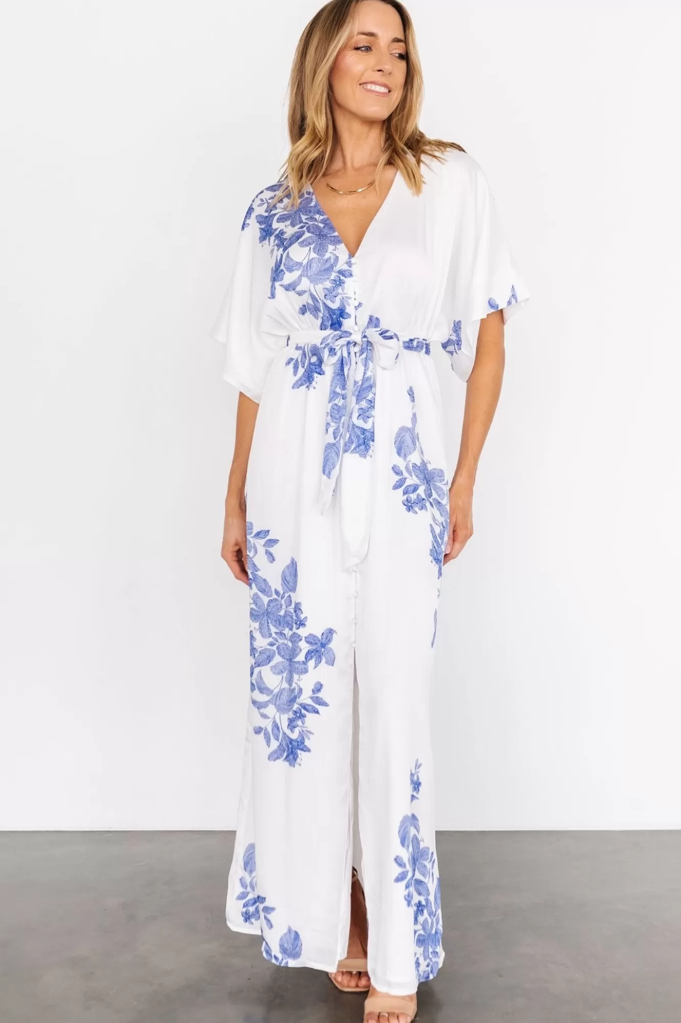 Baltic Born Maxi Dresses | Maxi Dresses | Florina Kimono Maxi Dress | White + Blue