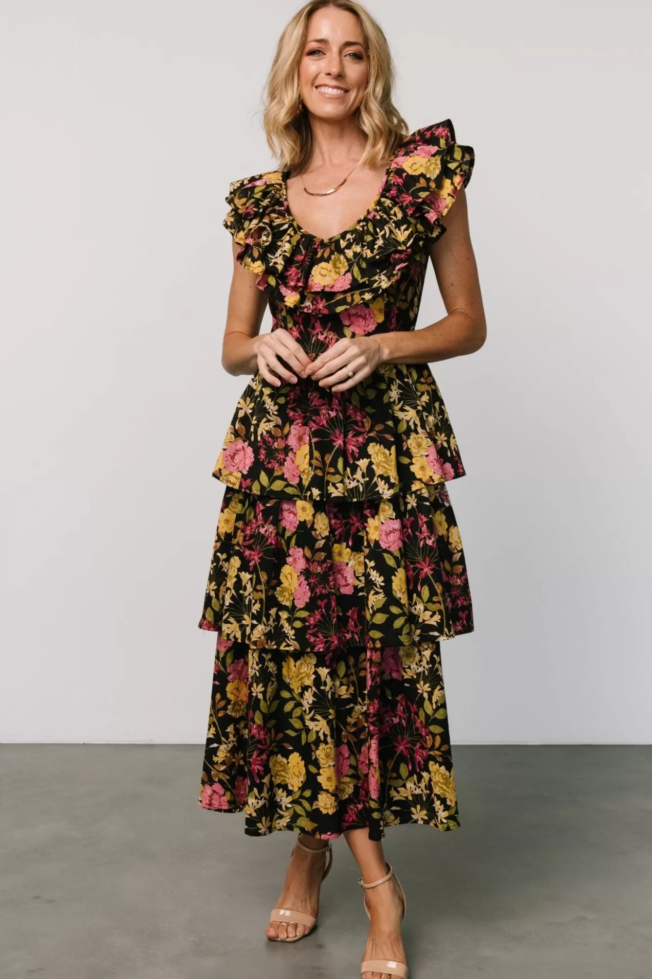 Baltic Born Maxi Dresses | Maxi Dresses | Francesca Tiered Maxi Dress | Black Floral