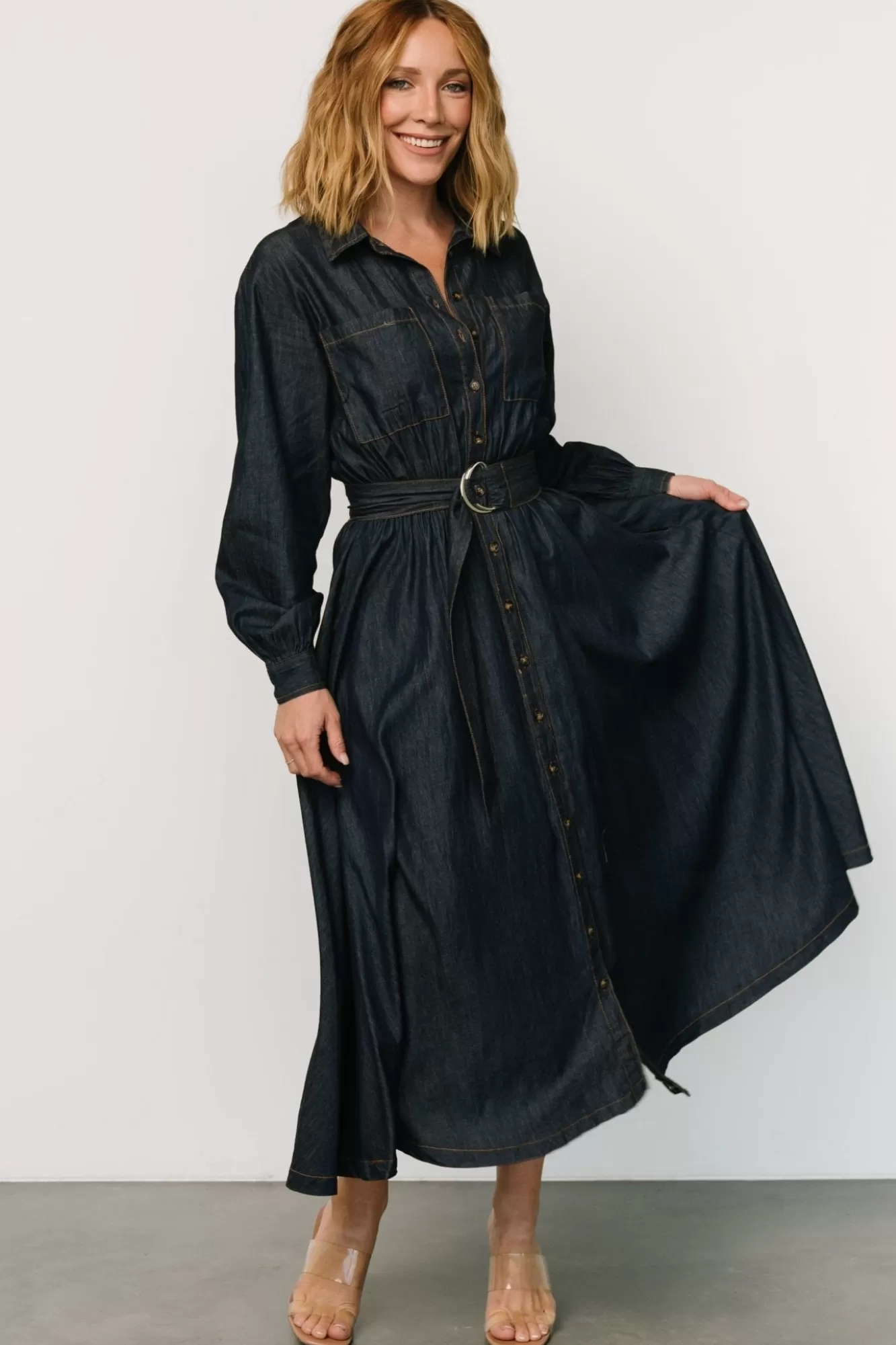 Baltic Born Midi Dresses | Midi Dresses | Hansel Long Sleeve Denim Dress | Dark Blue