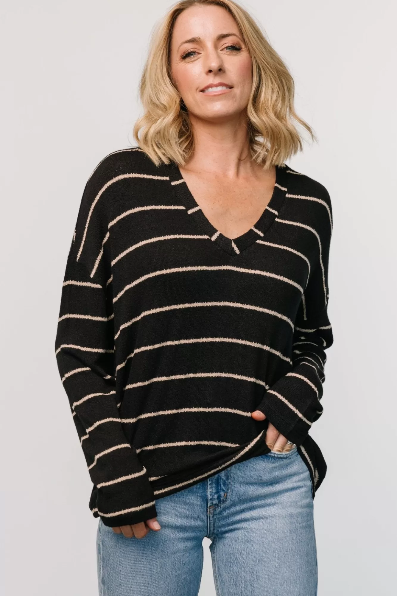 Baltic Born Sweaters | Houston Relaxed Sweater Top | Black Stripe