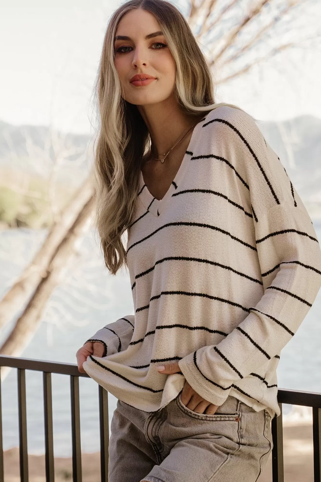 Baltic Born Sweaters | Houston Relaxed Sweater Top | Ivory Stripe