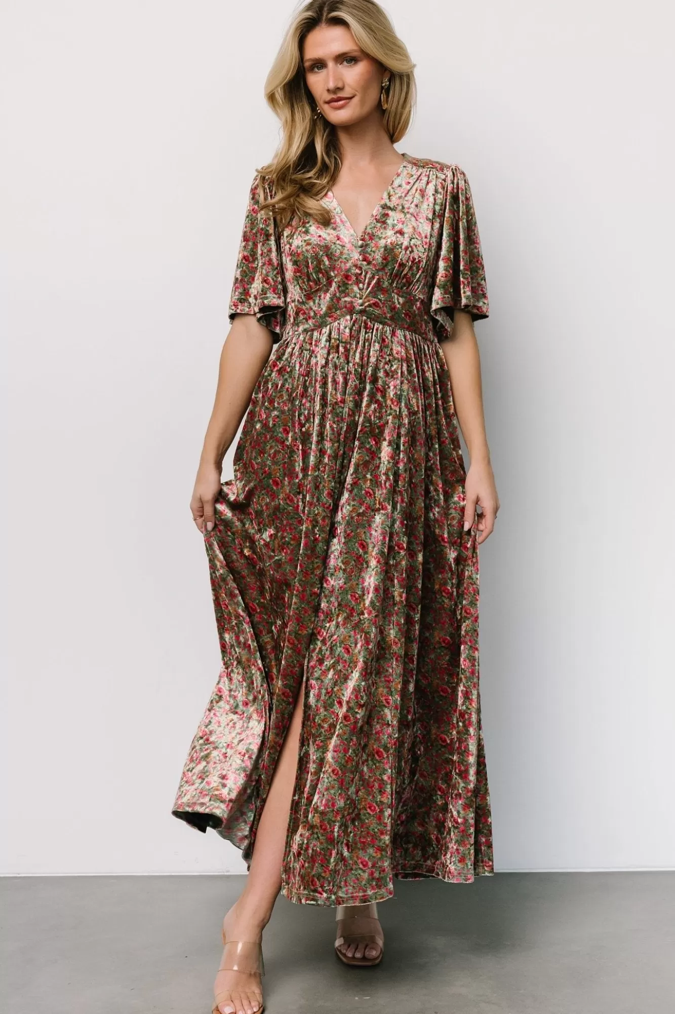 Baltic Born Maxi Dresses | Maxi Dresses | Irina Velvet Maxi Dress | Green Multi Floral